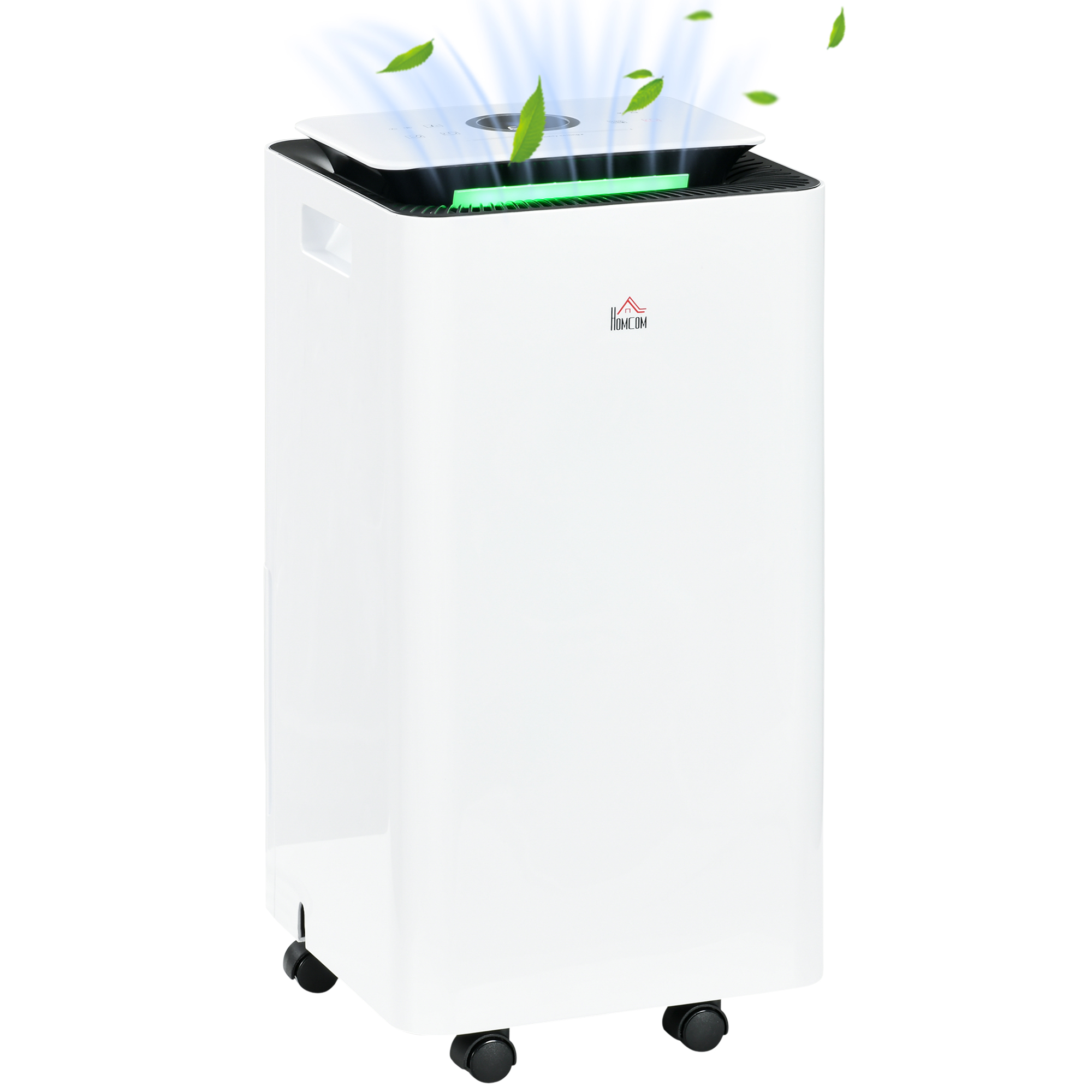 Un purificatore d'aria bianco con una presa d'aria superiore, luce verde e quattro ruote nere.