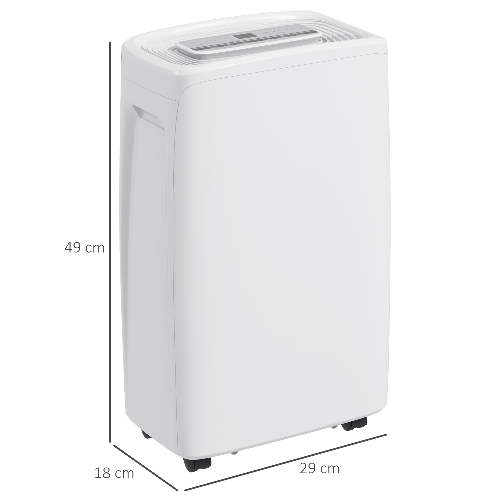 Purificador de aire blanco y rectangular con dimensiones: 49cm alto, 18cm ancho y 29cm profundo.