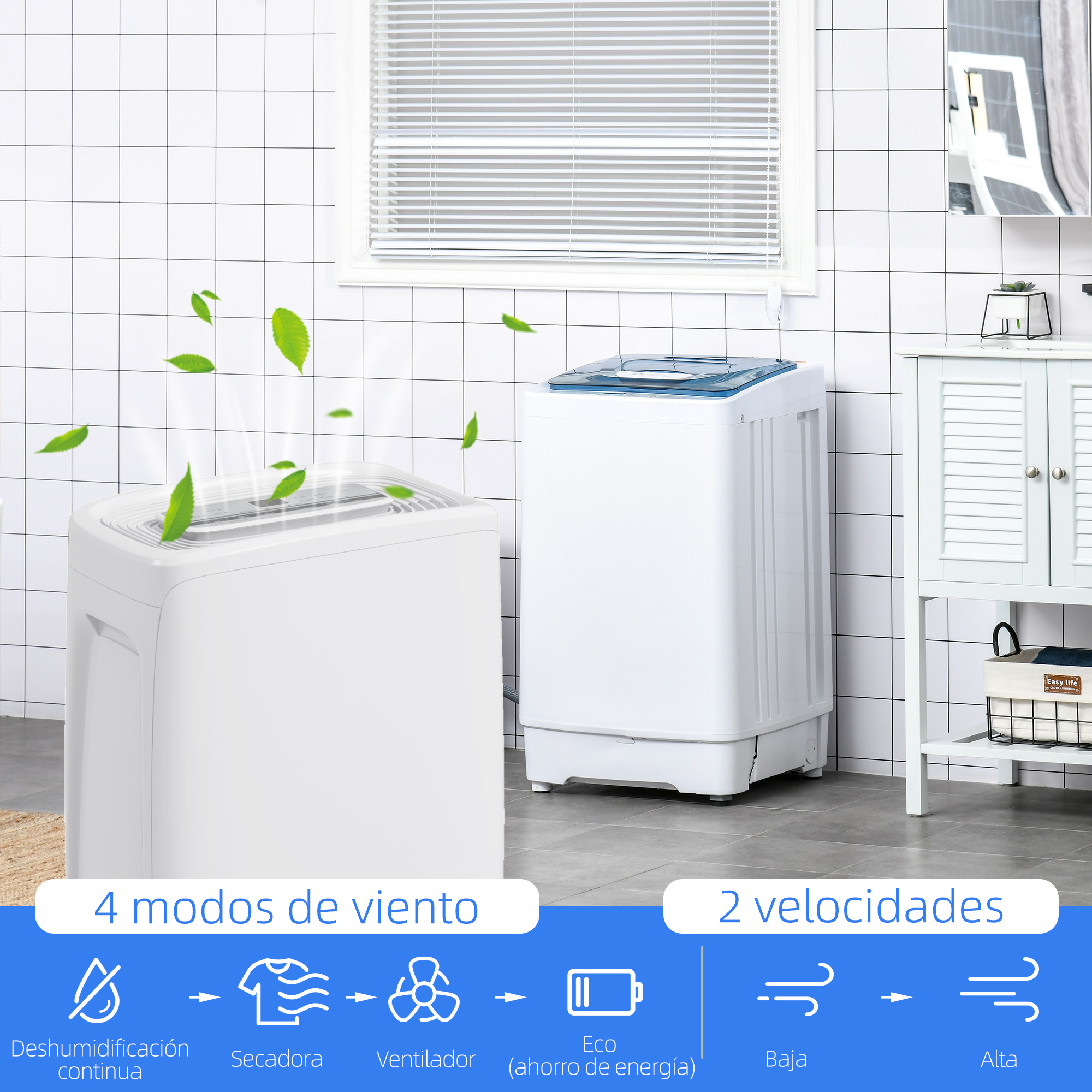 Un deshumidificador y una lavadora en un baño con ventana y armario.