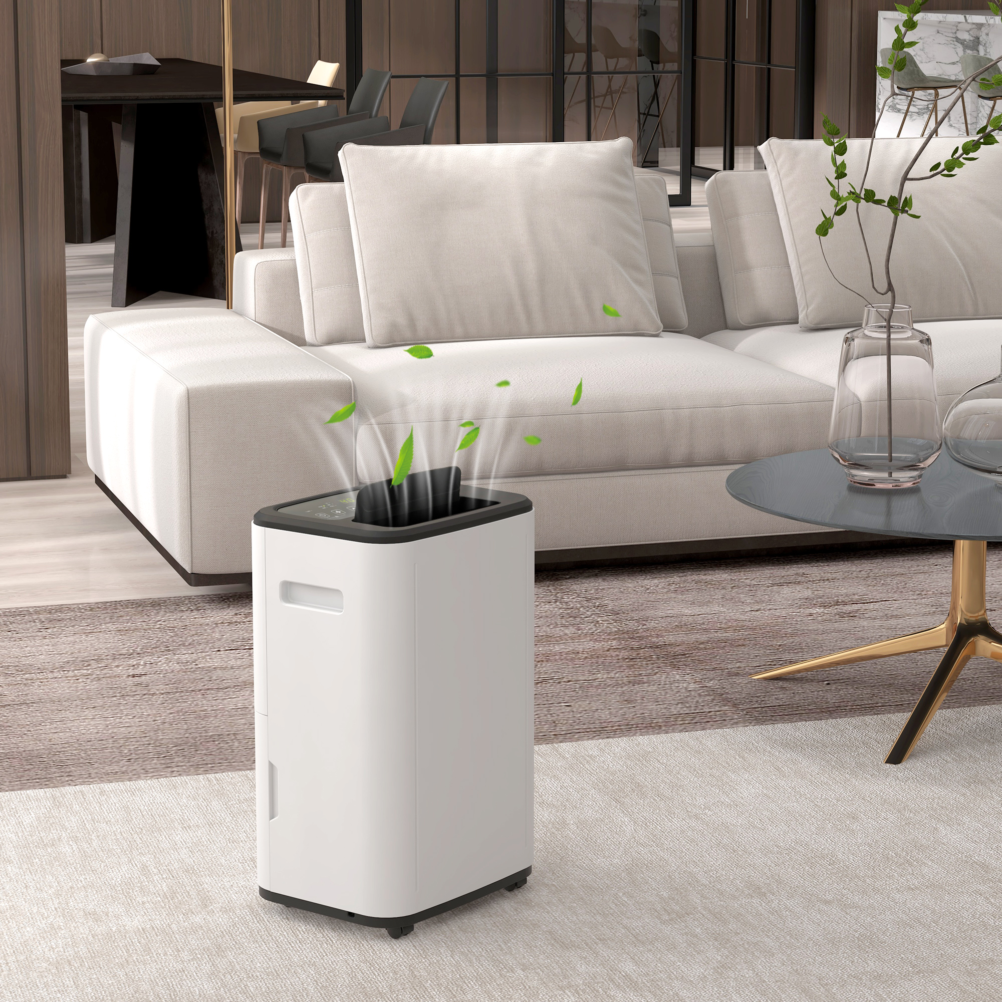 Purificador de aire blanco en una sala de estar, con un sofá blanco y plantas verdes.