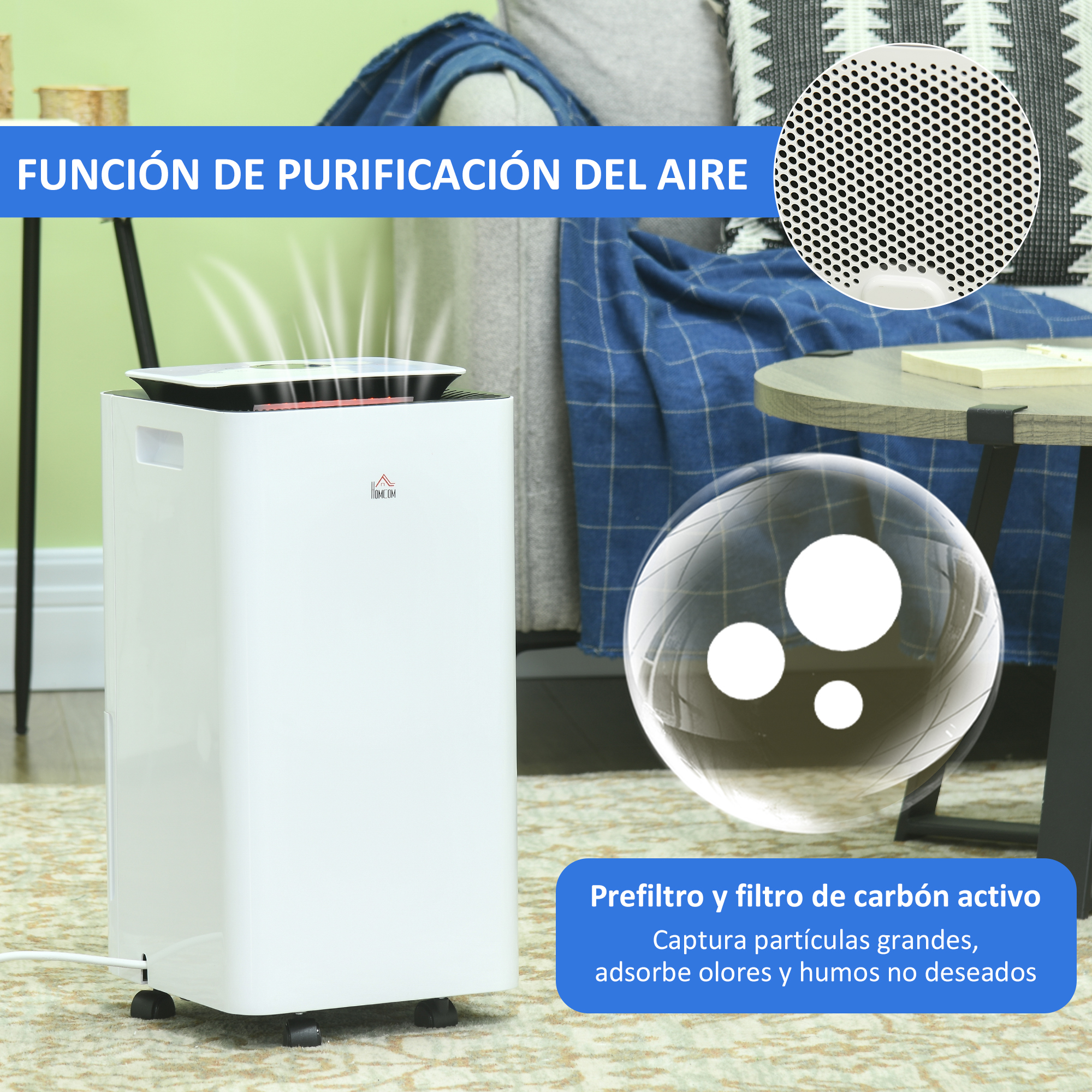 Un purificador de aire blanco con un gráfico de filtro. Texto: Captura partículas grandes, absorbe olores.