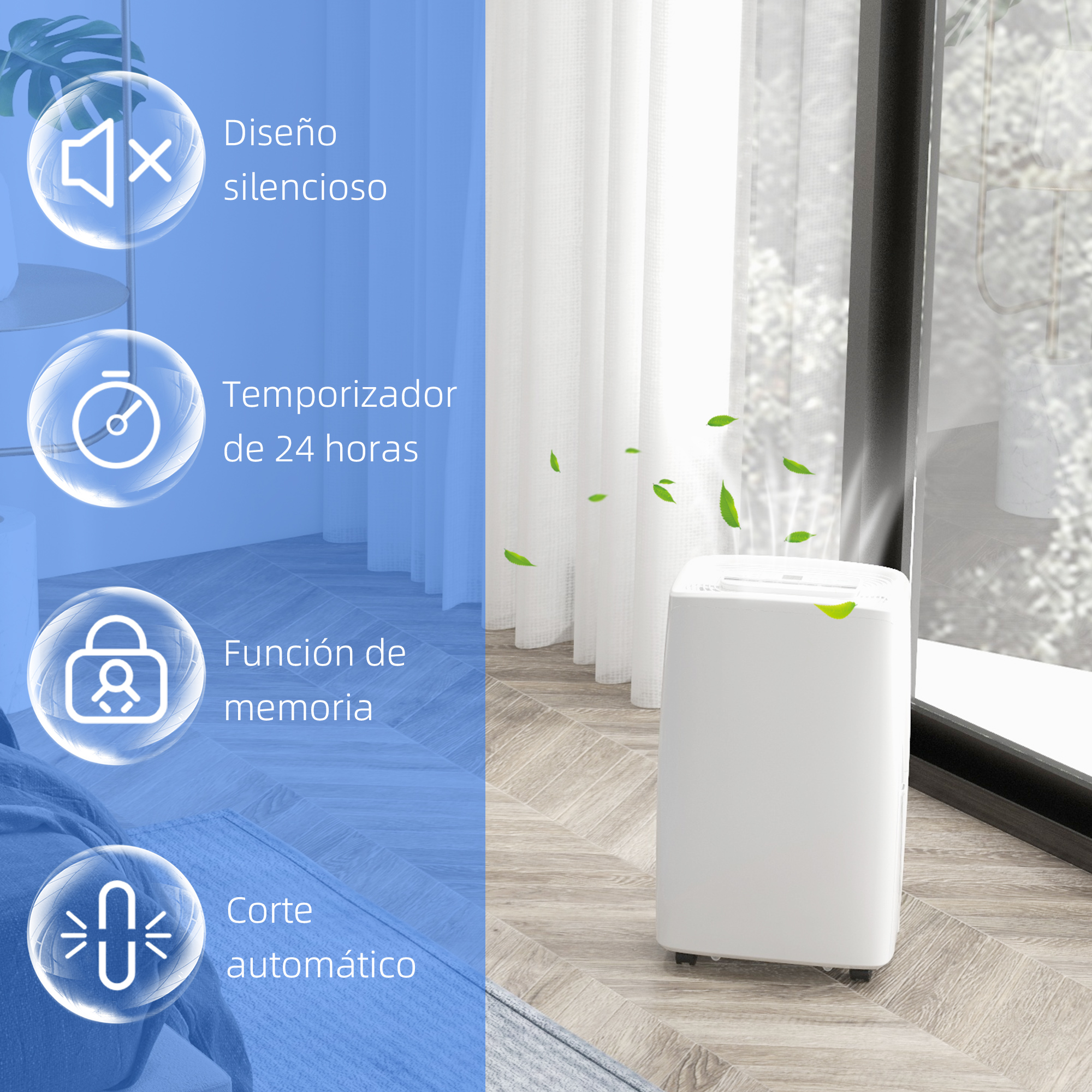 Un purificador de aire blanco con iconos que indican características como diseño silencioso, temporizador y corte automático.