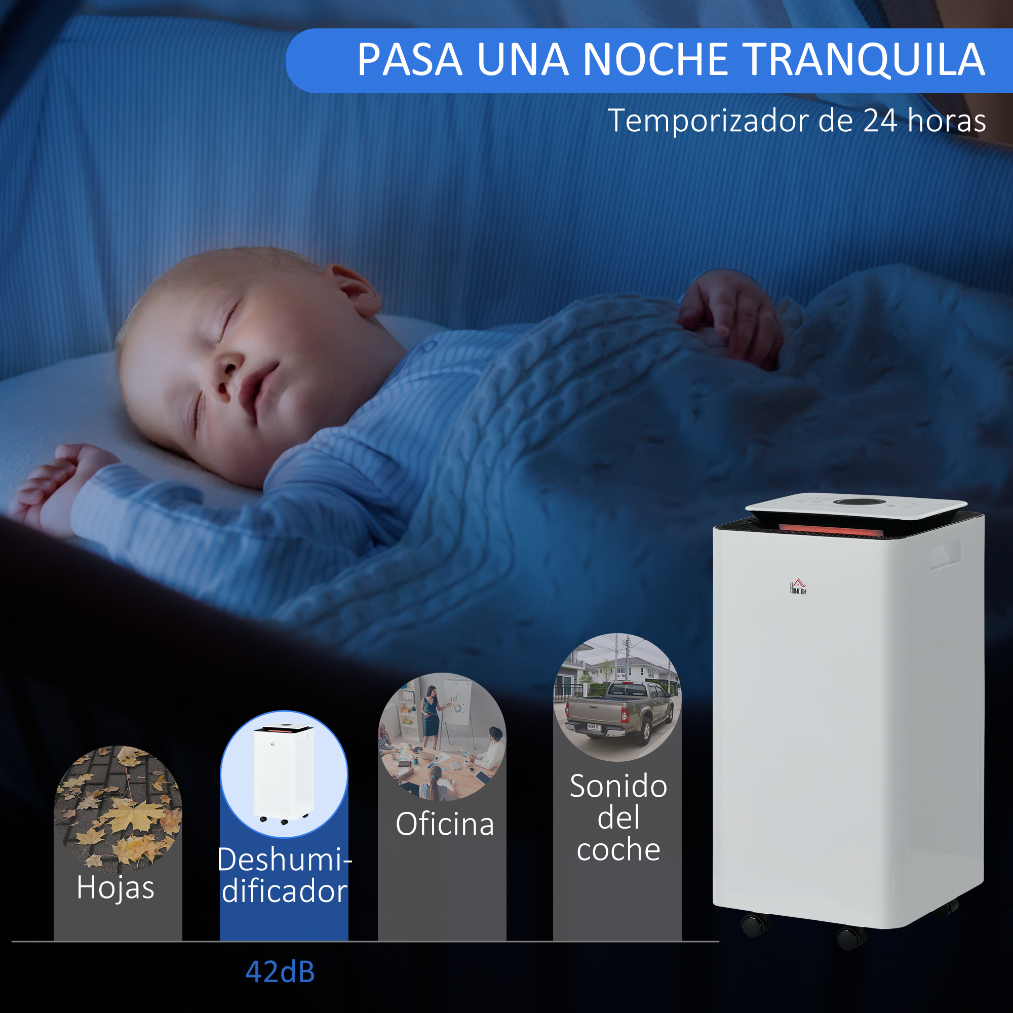 Bebé durmiendo cerca de un purificador de aire blanco. El texto dice: 