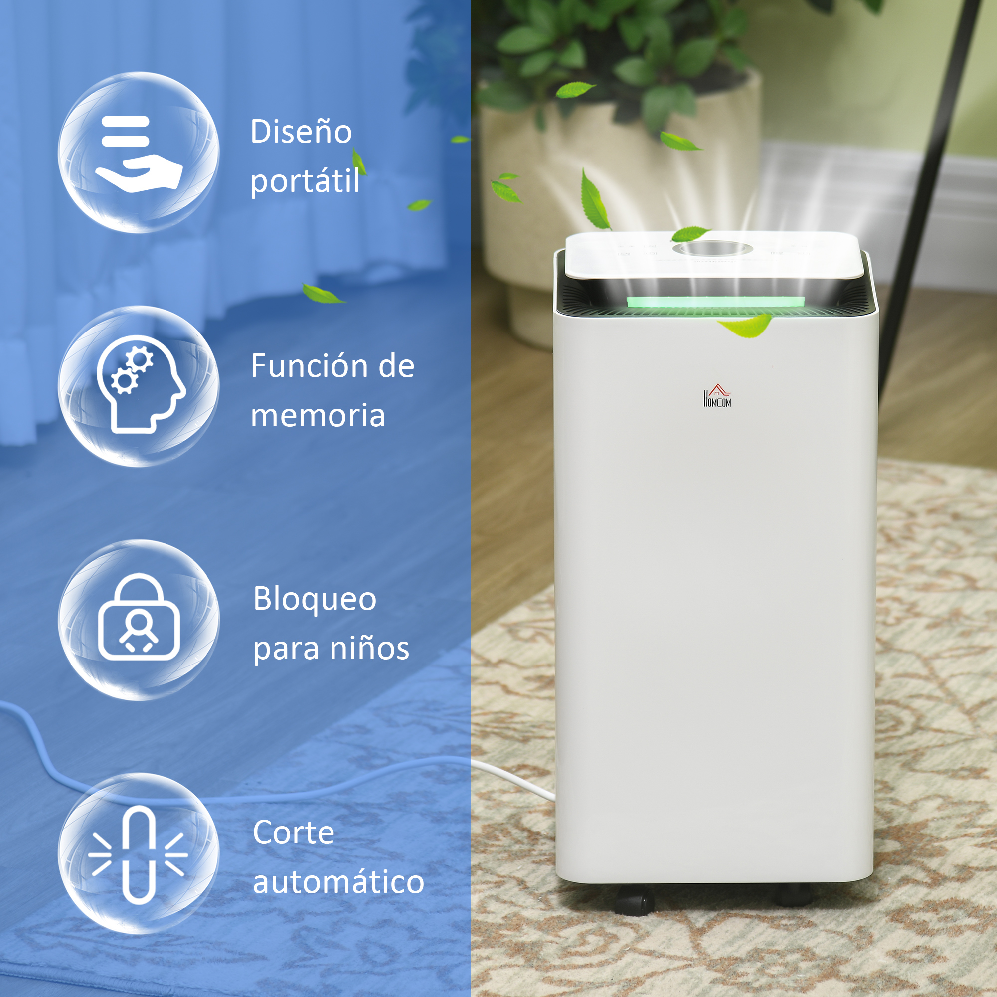 Purificador de aire blanco con iconos. Hojas y texto indicando funciones.