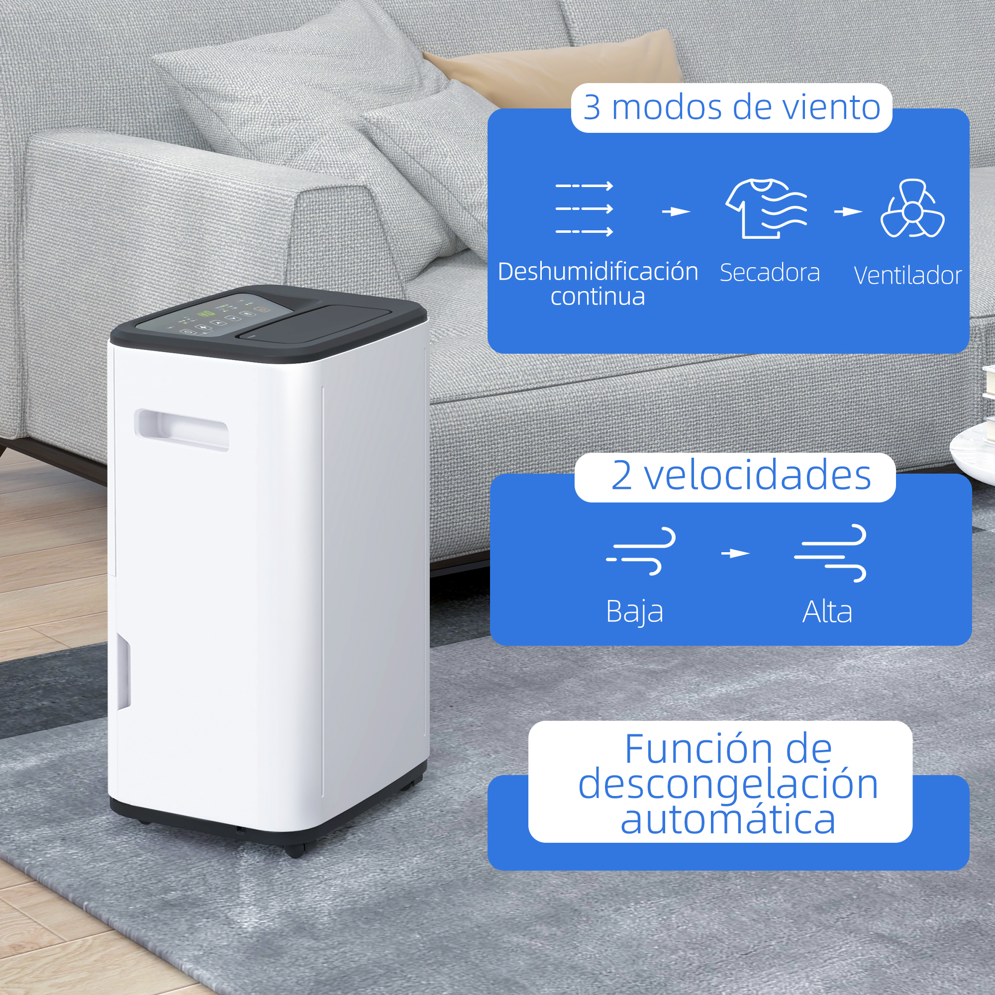 Deshumidificador blanco y negro, con infografías en el lateral. Muestra diferentes modos y velocidades.