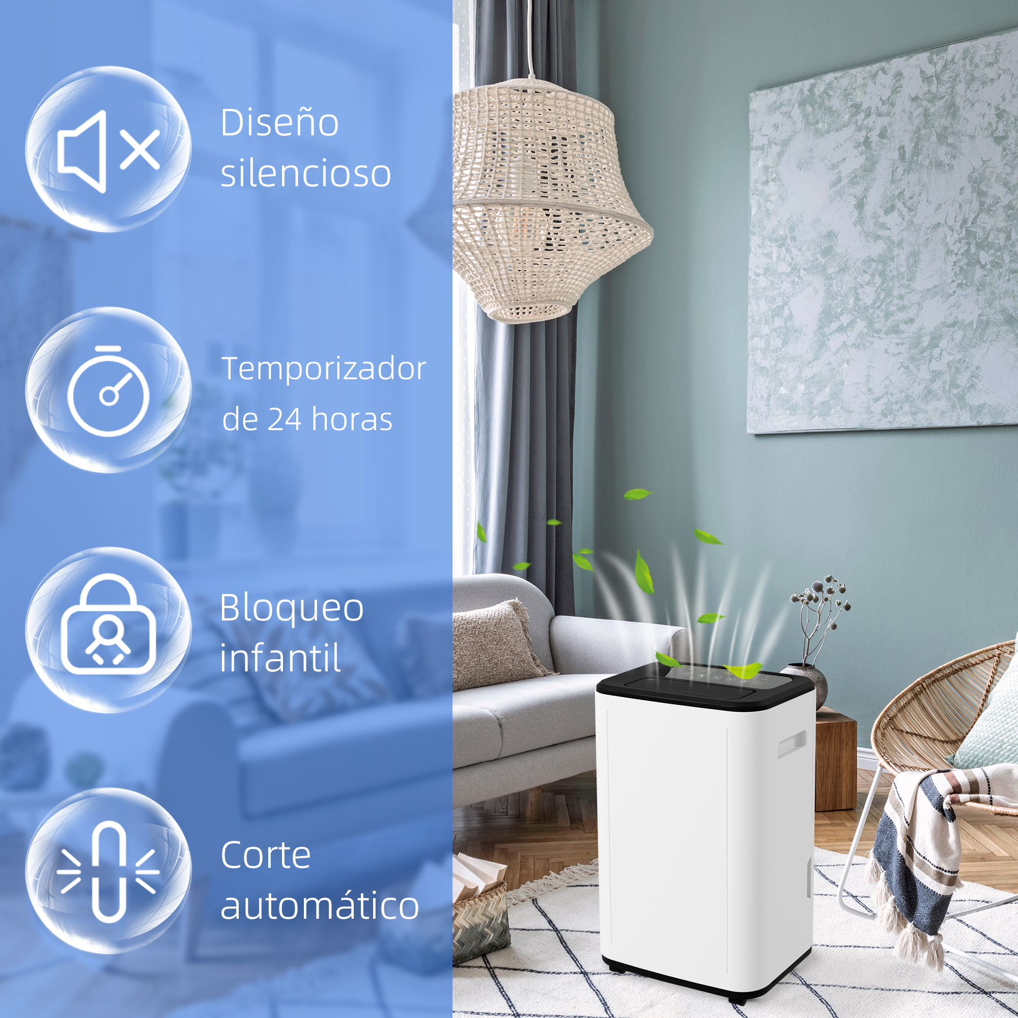 Purificador de aire con iconos: silencioso, temporizador 24h, bloqueo infantil y corte automático. Interior.