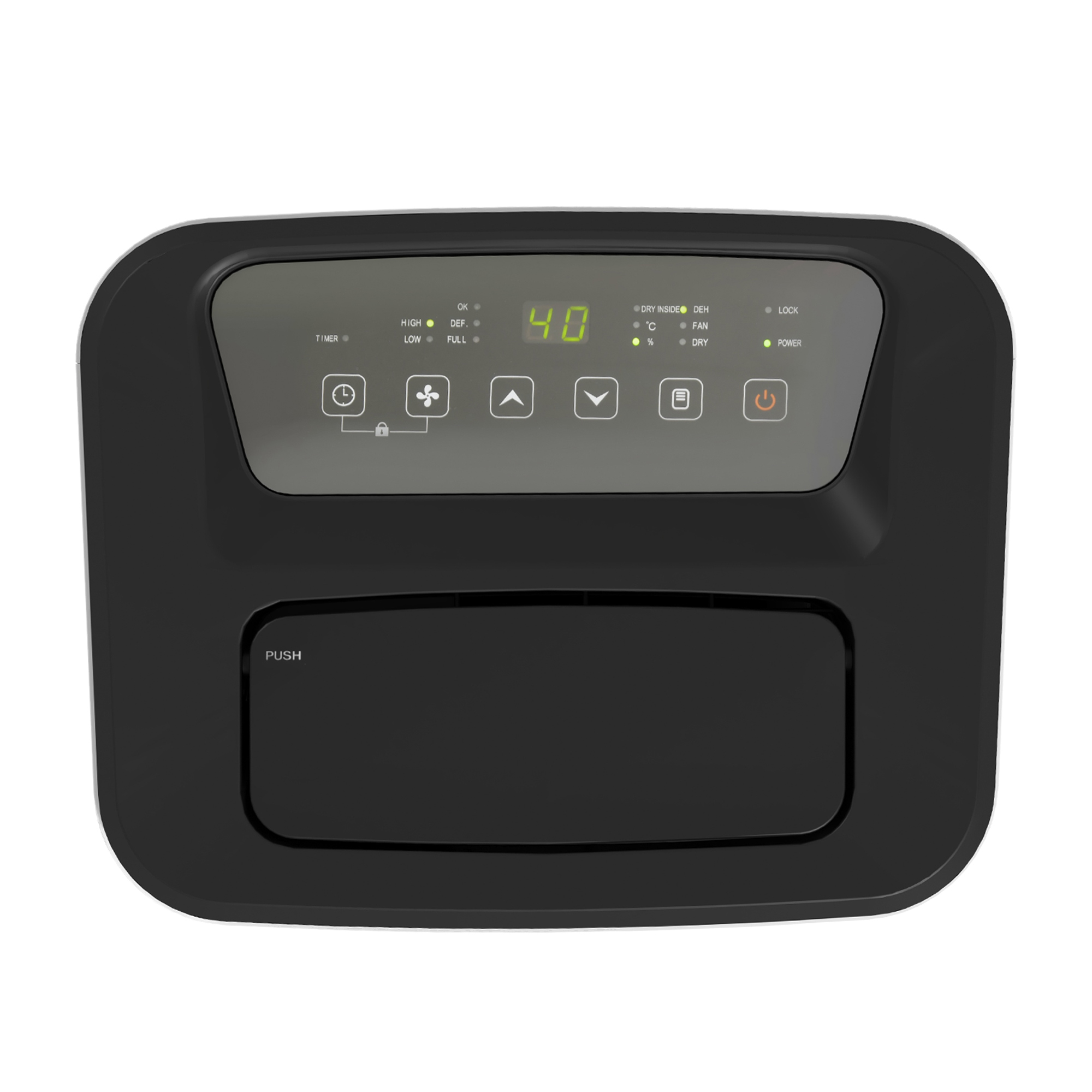 Dispositivo negro con pantalla digital que muestra 40. Botones para ajustes.