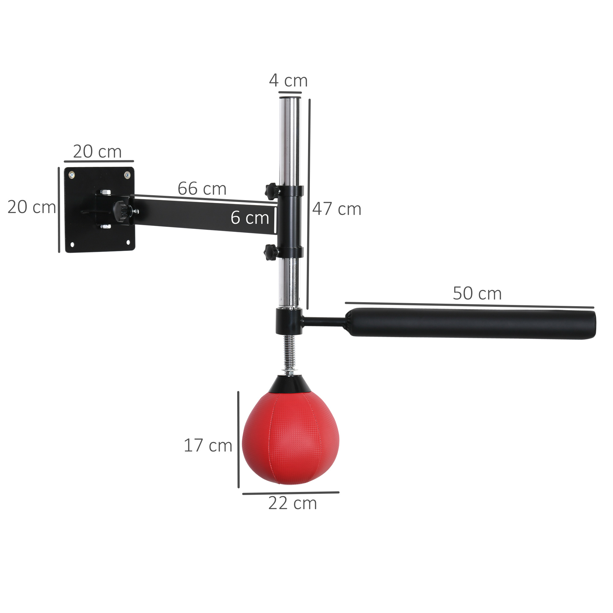 Saco de velocidad de boxeo montado en un marco de metal. Incluye dimensiones: 20 cm, 66 cm, 47 cm, 50 cm, 17 cm y 22 cm.