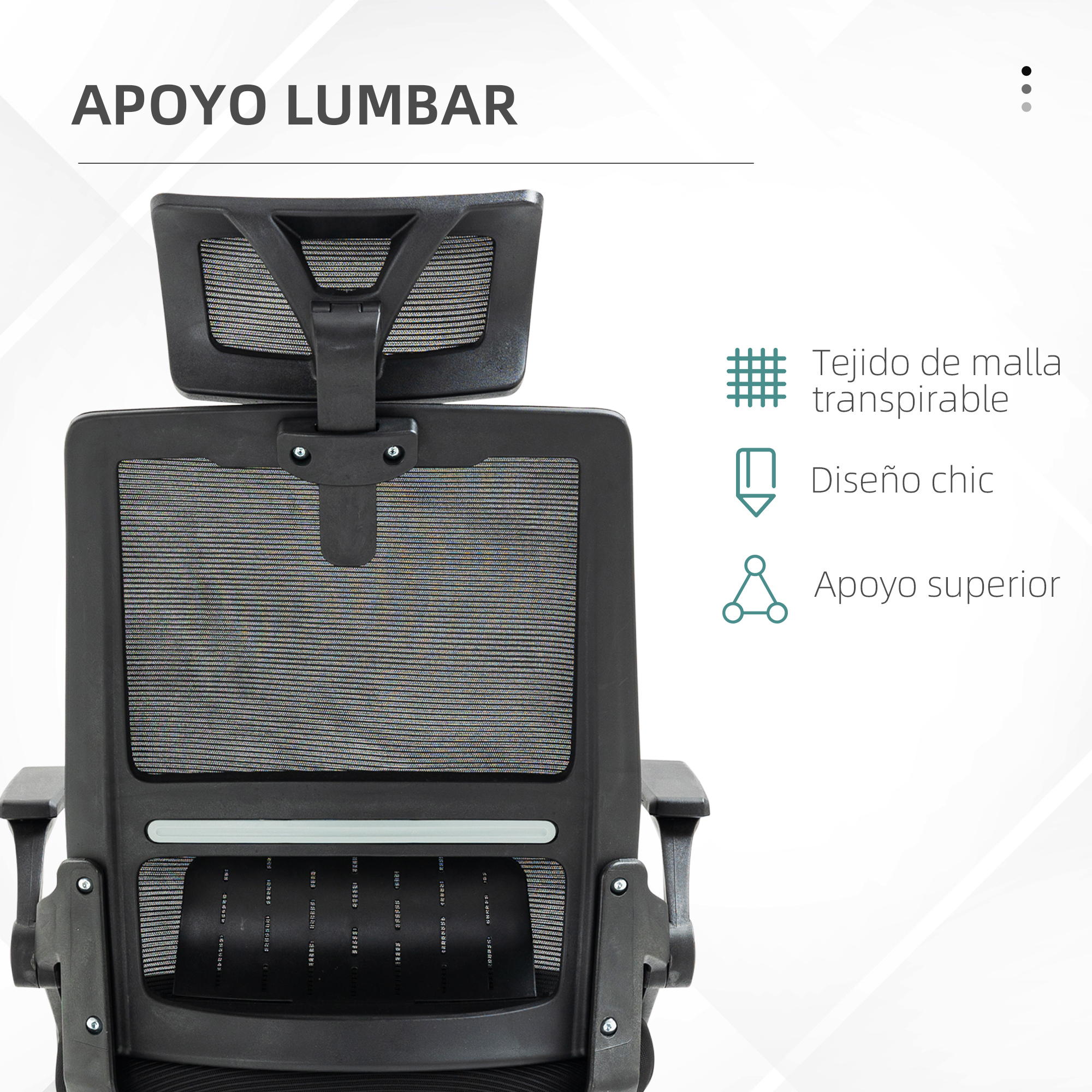 Respaldo de silla de oficina negra con malla, soporte lumbar y detalles de diseño, etiquetado en español.