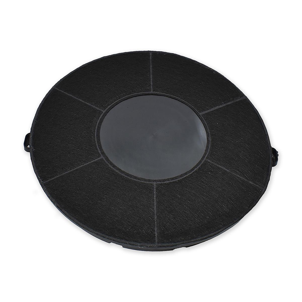 Ein schwarzer runder Luftfilter mit einem zentralen schwarzen Oval und weißem Hintergrund. Es gibt sechs Abschnitte.