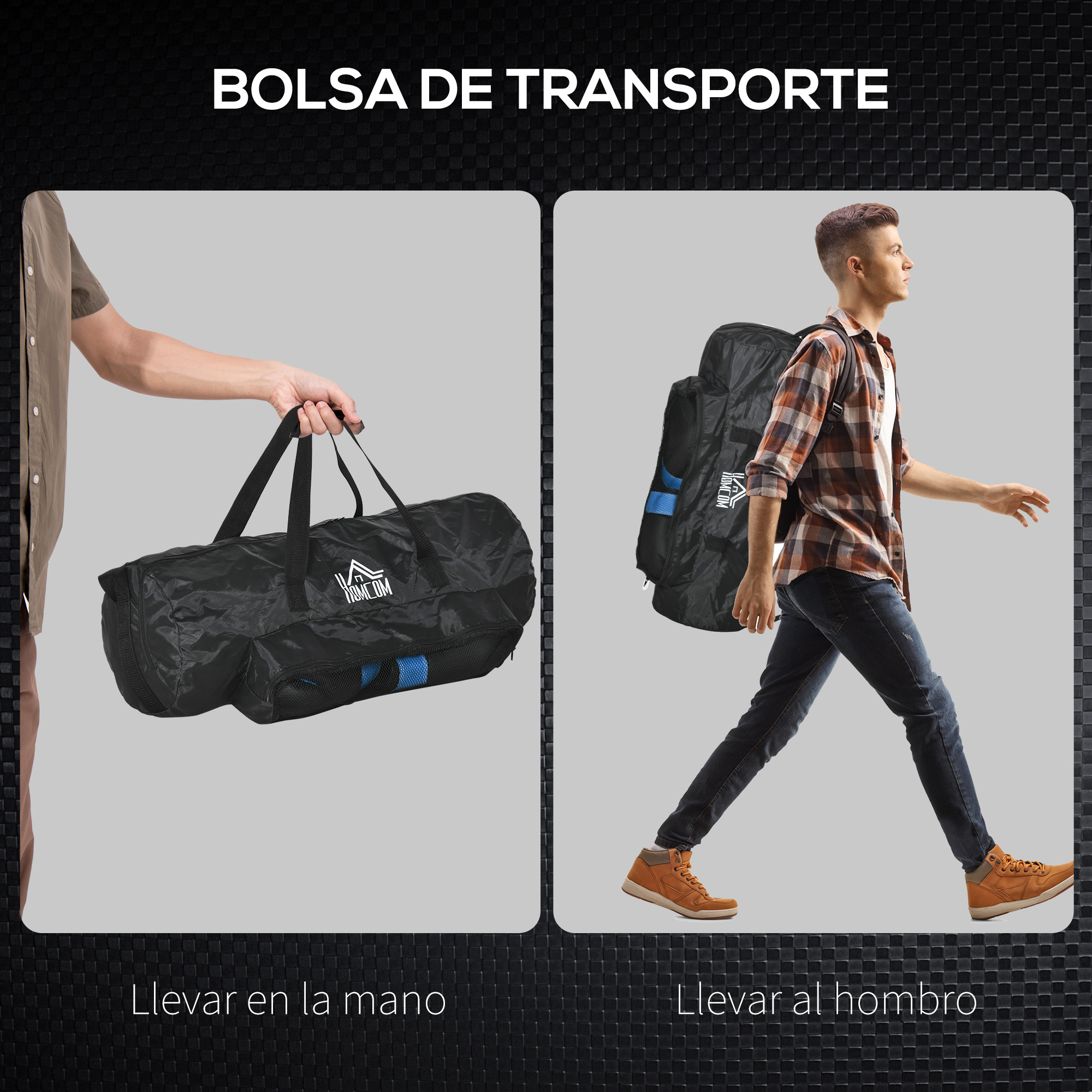 Dos imágenes de una bolsa de lona negra siendo transportada.