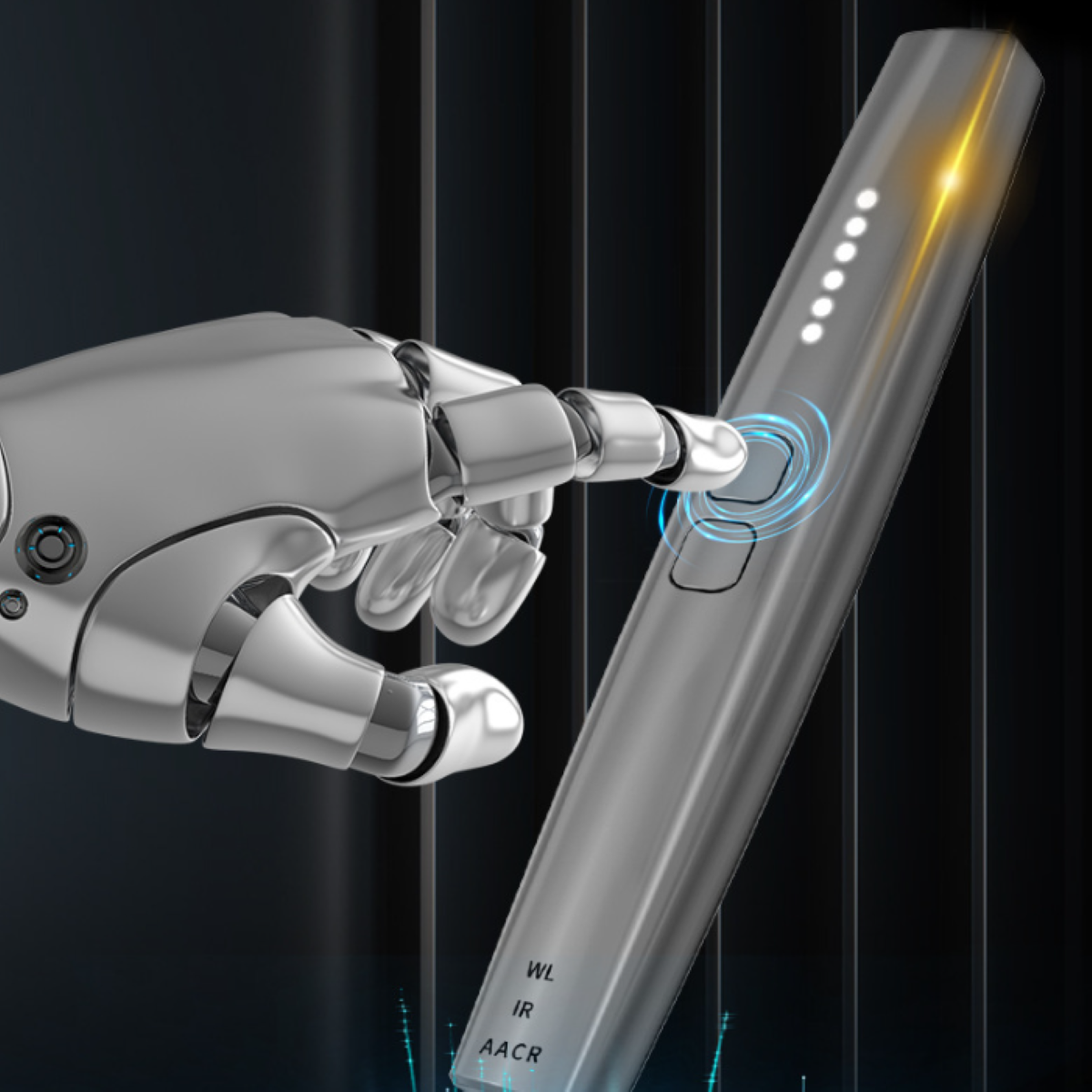 Eine silberne Roboterhand, die auf ein silbernes, berührungsempfindliches Gerät zeigt.