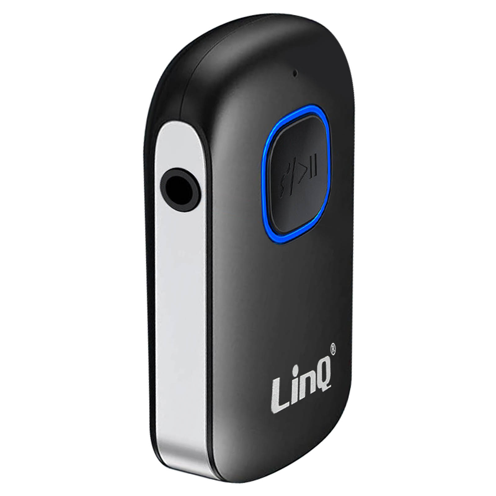 Receptor Bluetooth negro con un solo botón y un puerto.