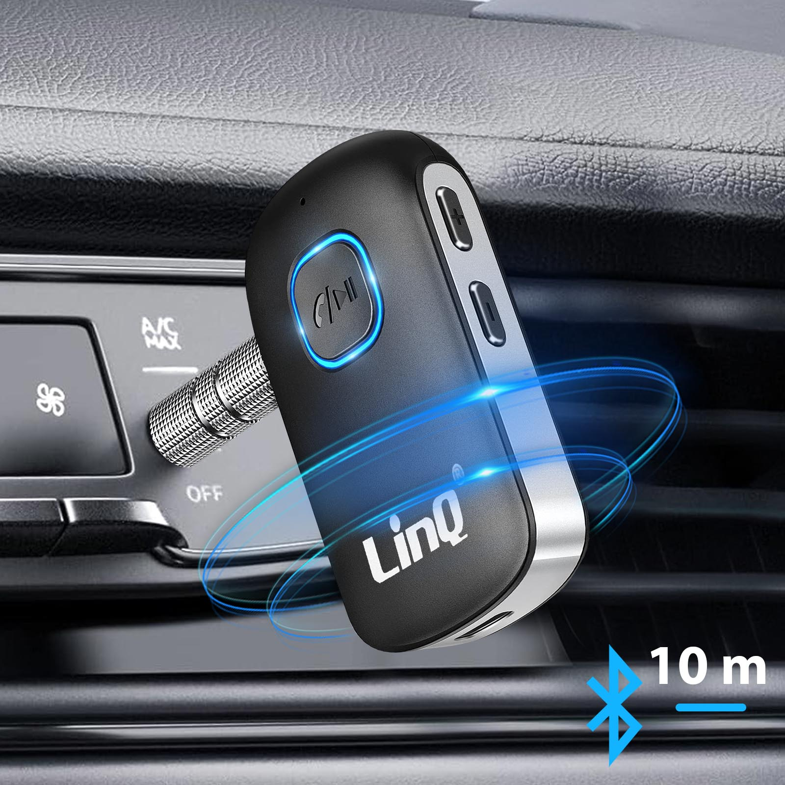 Receptor Bluetooth negro en coche, luz azul. Muestra el logotipo de LinQ y un alcance Bluetooth de 10 m.