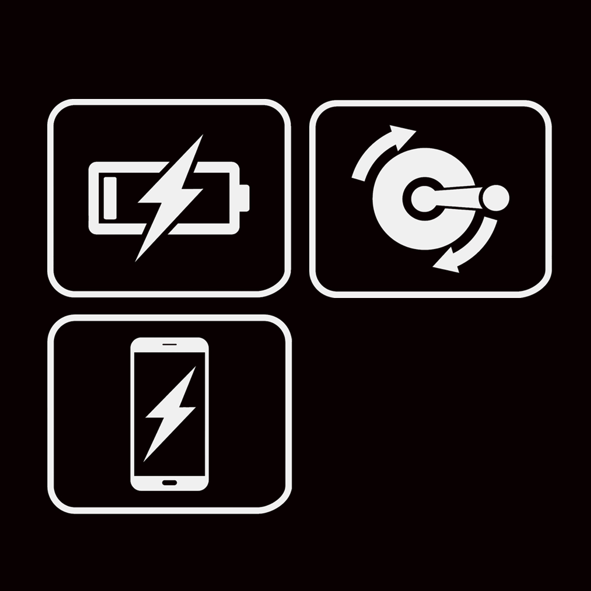 Symbole zum Aufladen: eine Batterie mit Blitz, ein Ein/Aus-Schalter mit Pfeilen und ein Telefon mit Blitz.