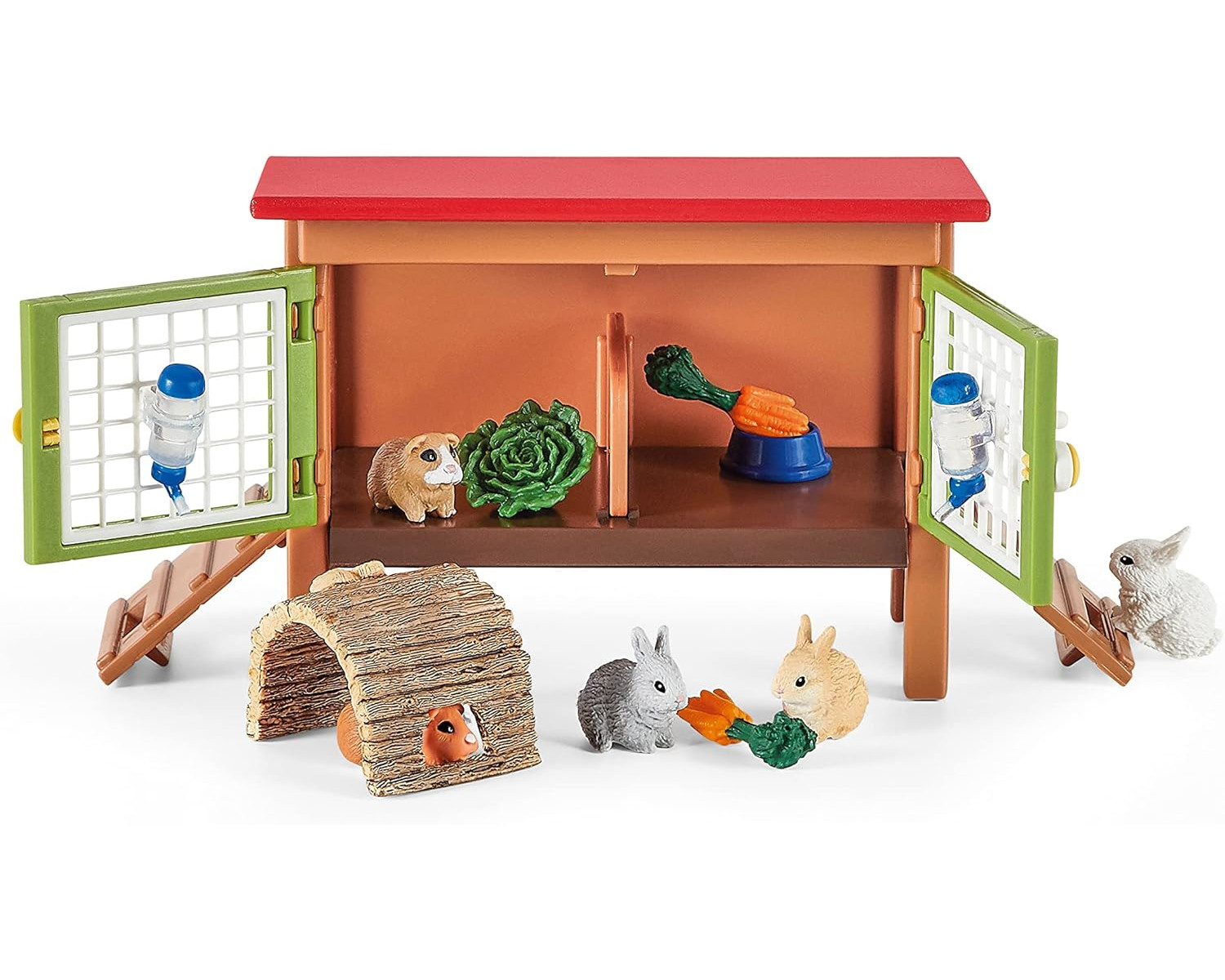 Spielzeug-Kaninchenstall mit Kaninchen, Futter und Wasserspendern. Kaninchen sind weiß, grau und braun.