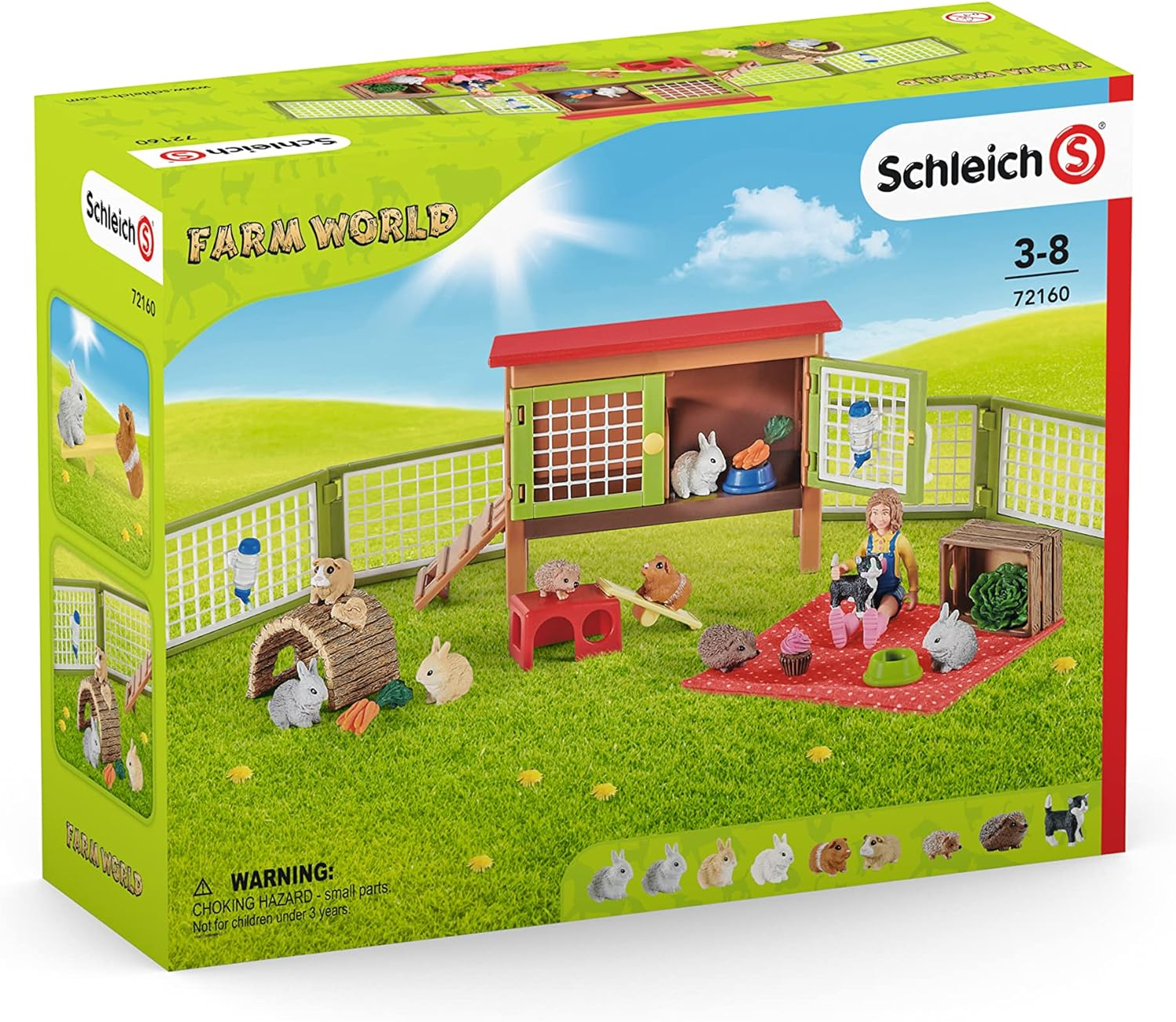Ein Schleich Farm World Spielzeugset mit Kaninchen, Zäunen und einer kleinen Scheune in einer Box.