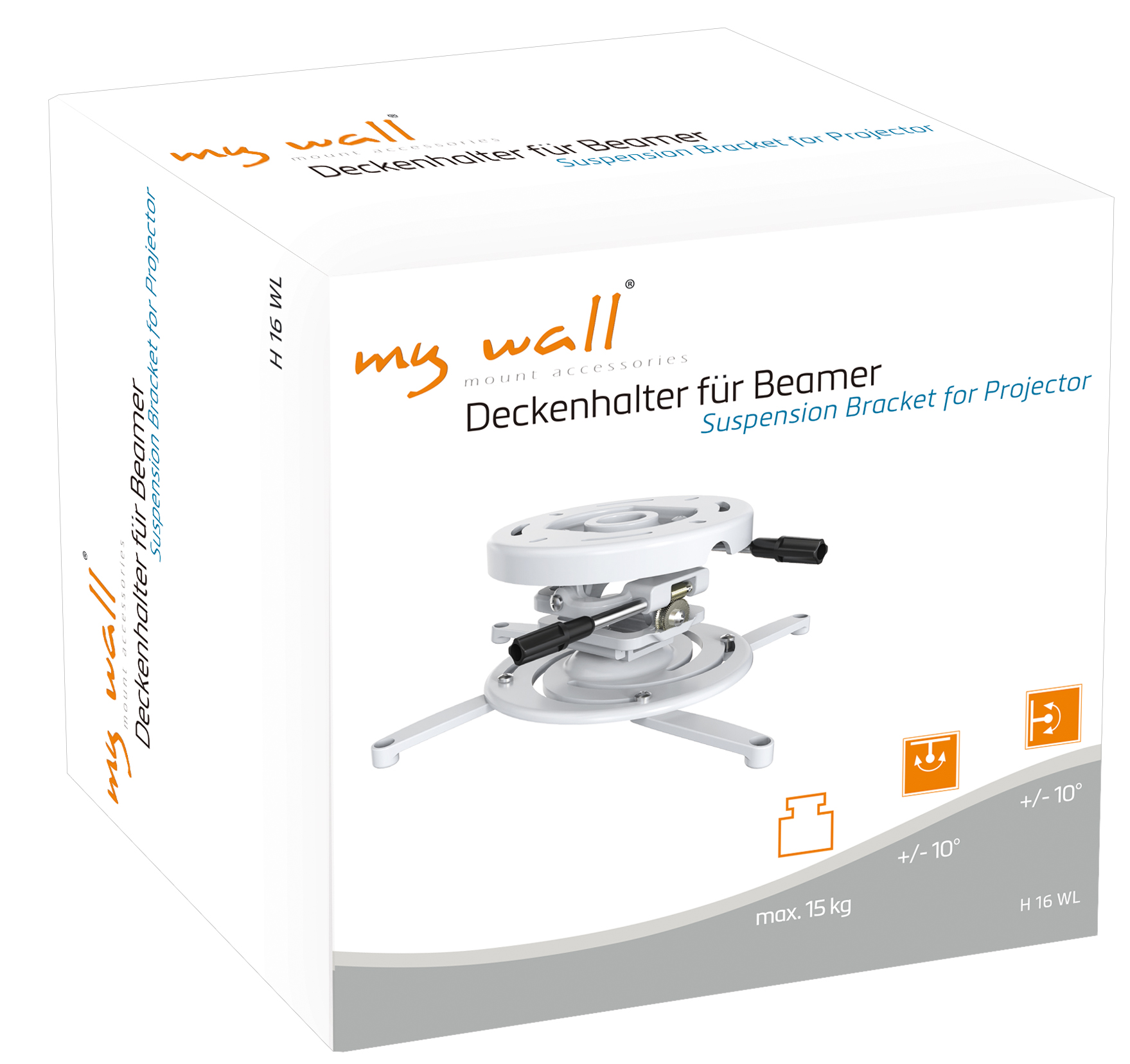 Eine weiße Box mit dem Bild einer Projektorhalterung. Text auf der Box in Englisch und Deutsch.