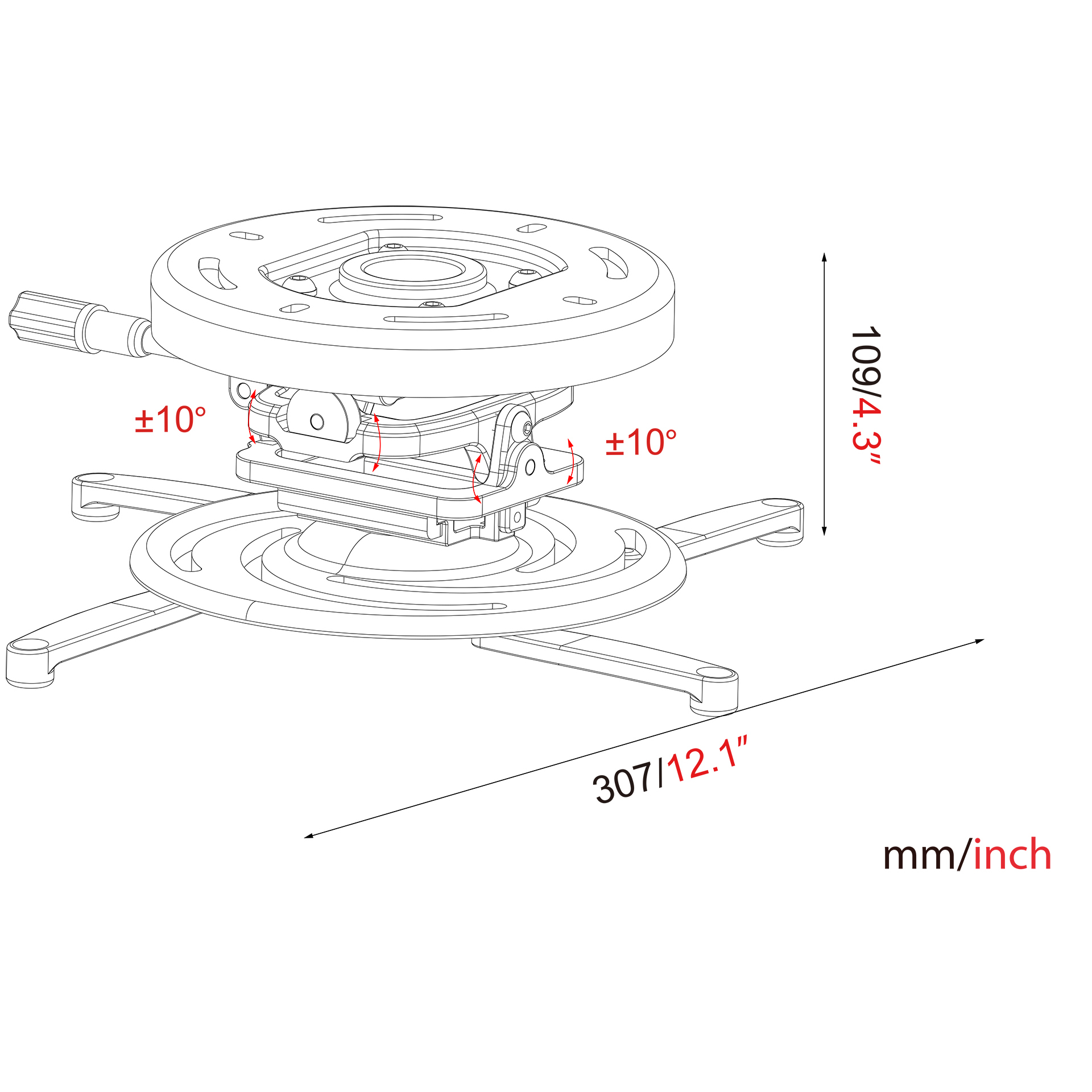 Projektorhalterung, mit mm/Zoll-Skala. Abmessungen: 109/4,3" hoch, 307/12,1" breit. Einstellwinkel sind beschriftet.