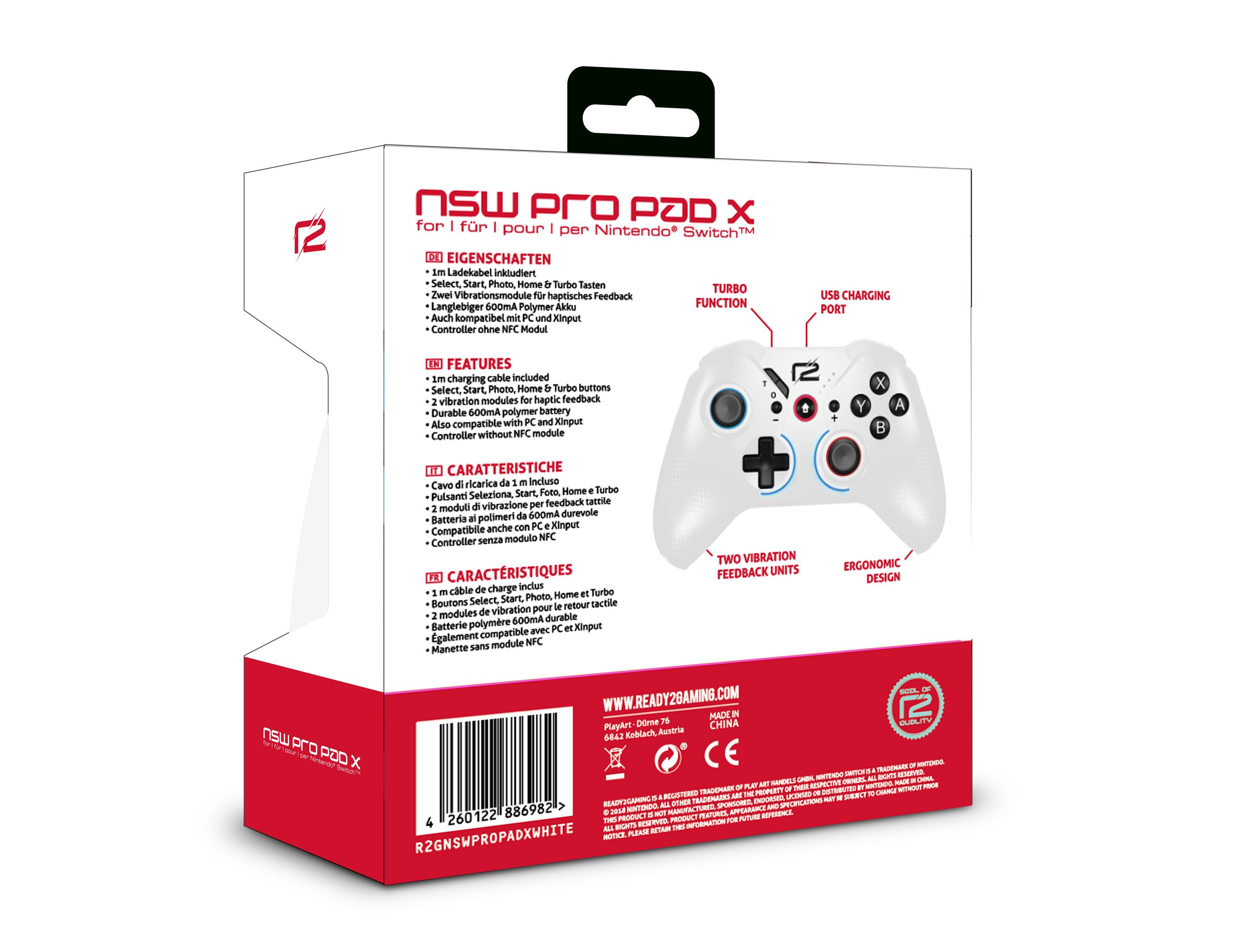 Weißer Gamecontroller mit schwarzen Tasten, rotem Ladeanschluss und weißer Box.