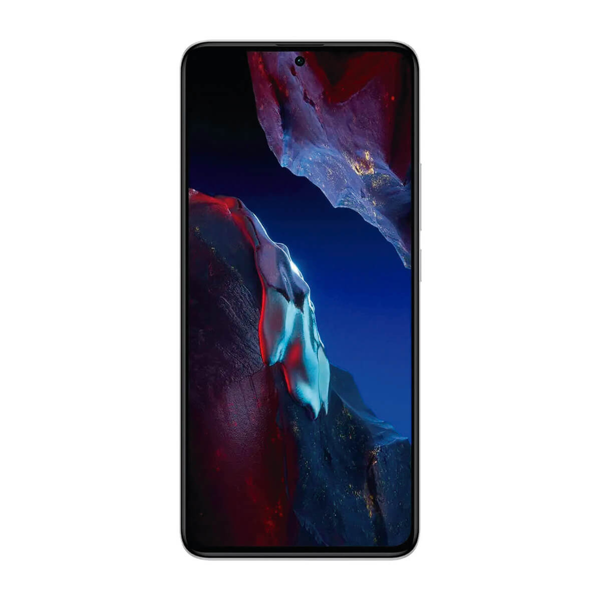 Czarny smartfon z ekranem wyświetlającym rozmyty niebiesko-czerwony obraz abstrakcyjny.