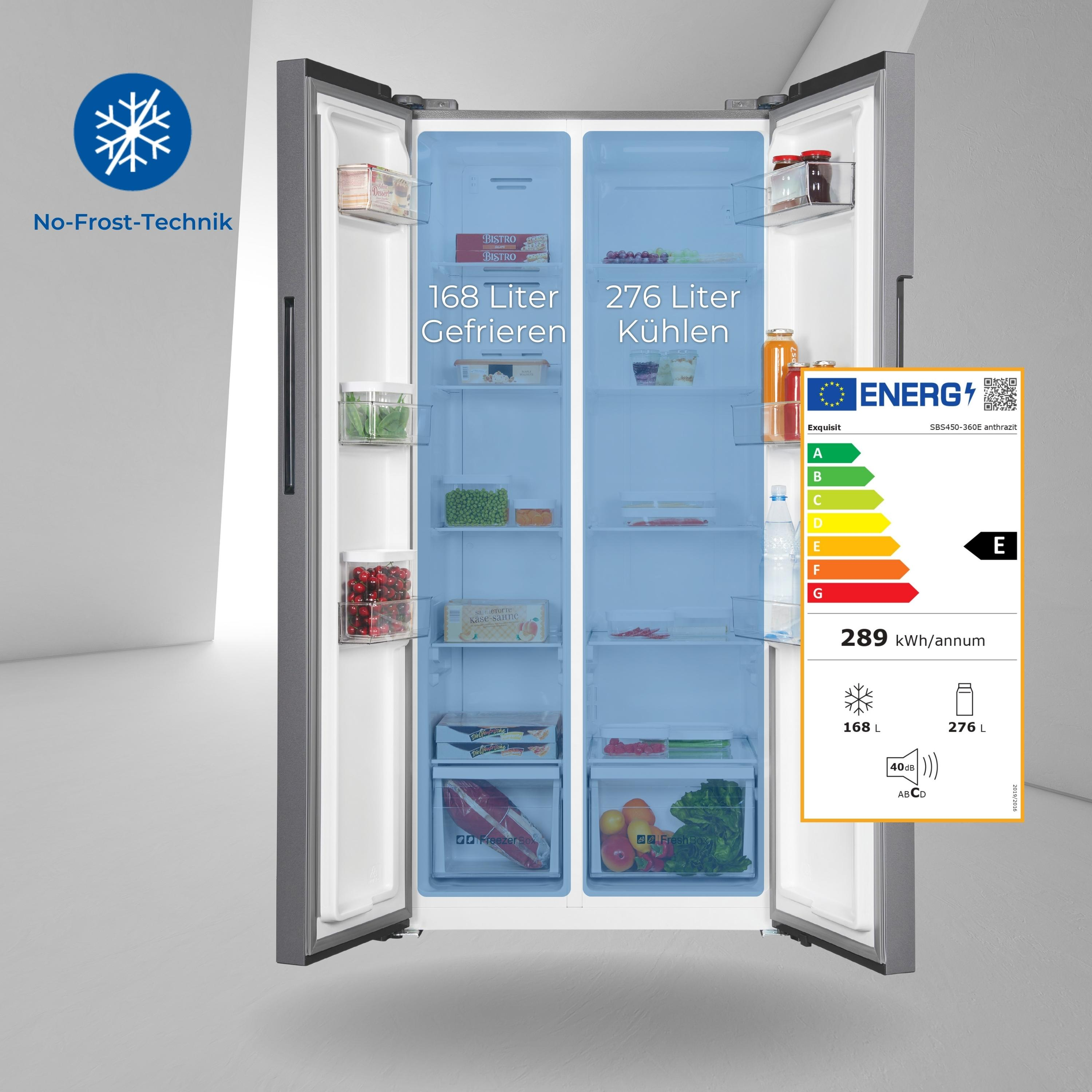 Ein offener Kühlschrank mit Essen darin. Der Kühlschrank ist grau mit blauem Innenraum und Energielabel.