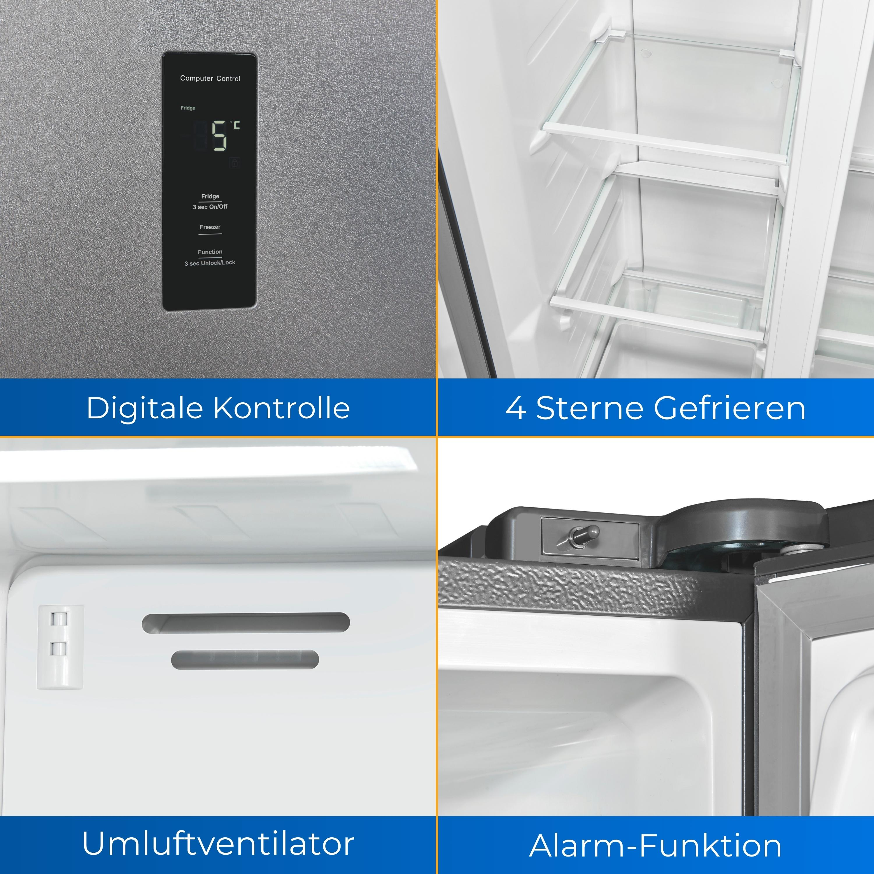 Raster mit Bildern der Kühlschrankfunktionen: digitale Steuerung, Gefrierfach, Lüfter, Alarm.