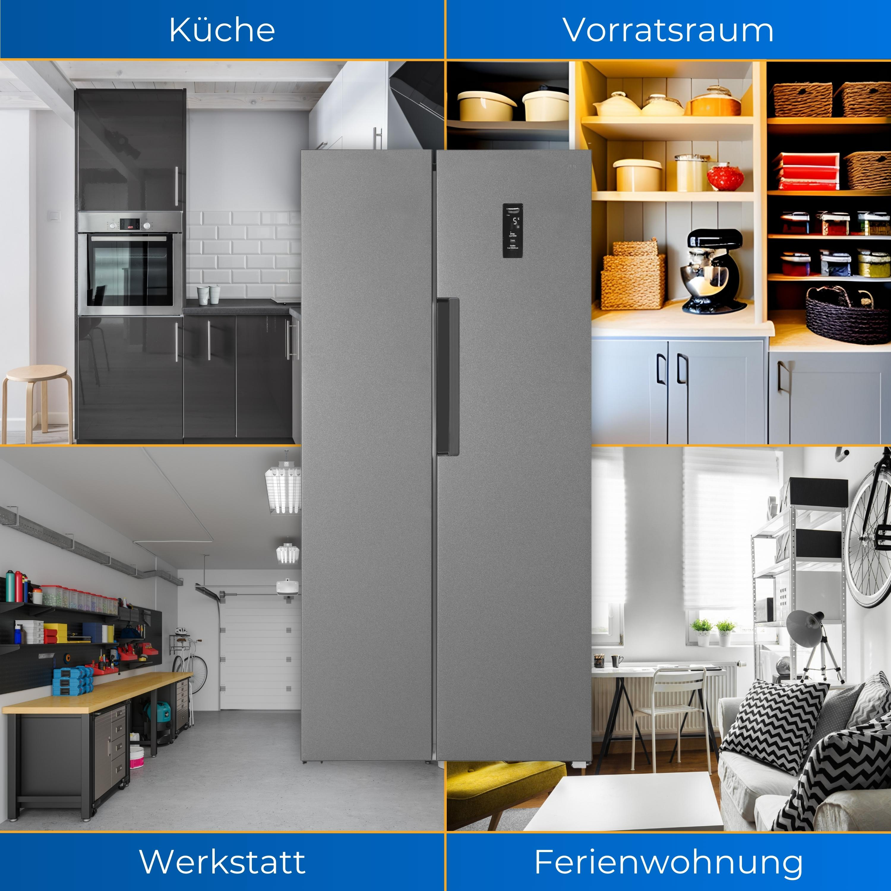 Vier Szenen: Küche, Vorratsraum, Werkstatt und Ferienwohnung, mit einem grauen Kühlschrank.