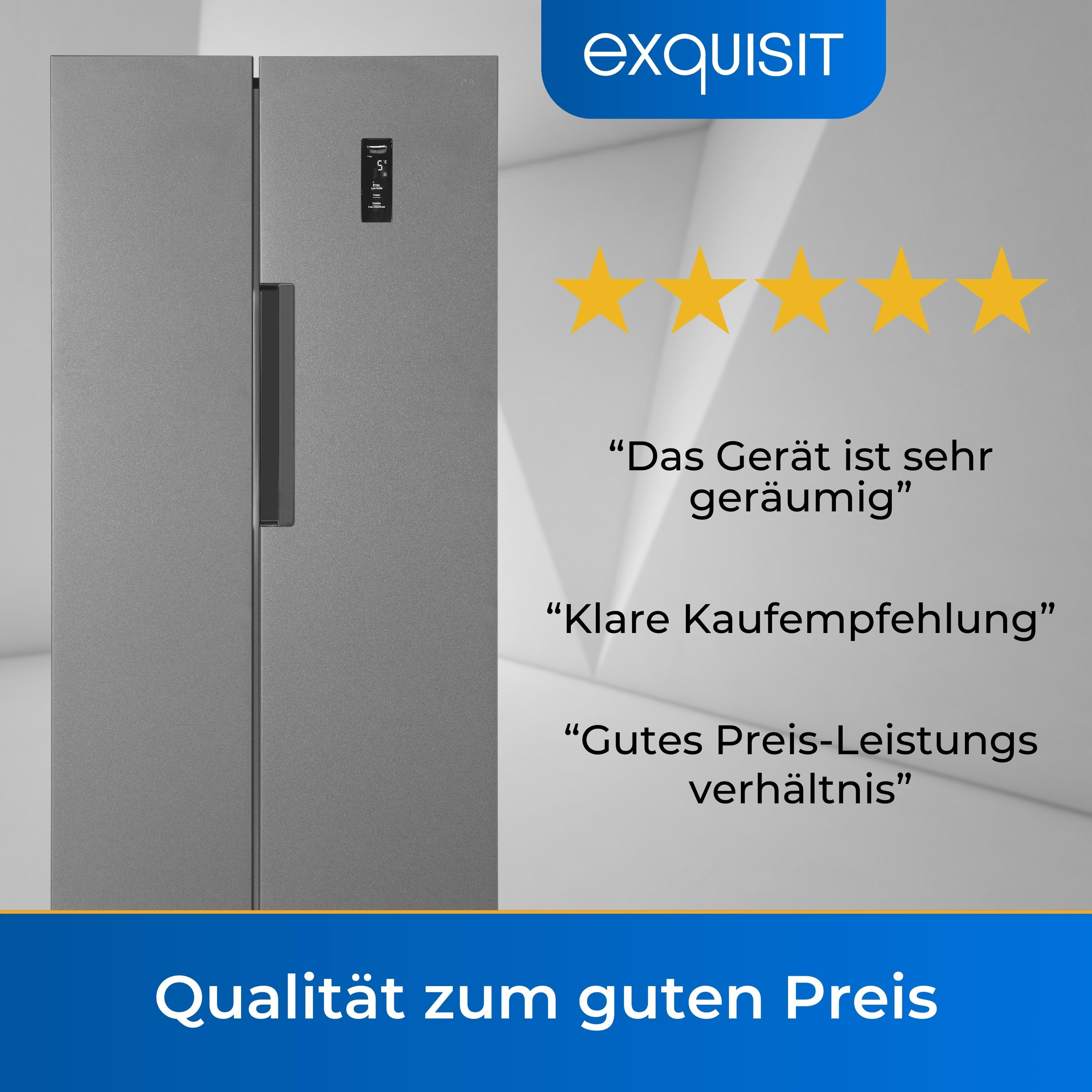 Silberner Kühlschrank mit grauen Türen, Digitalanzeige und deutschem Text.