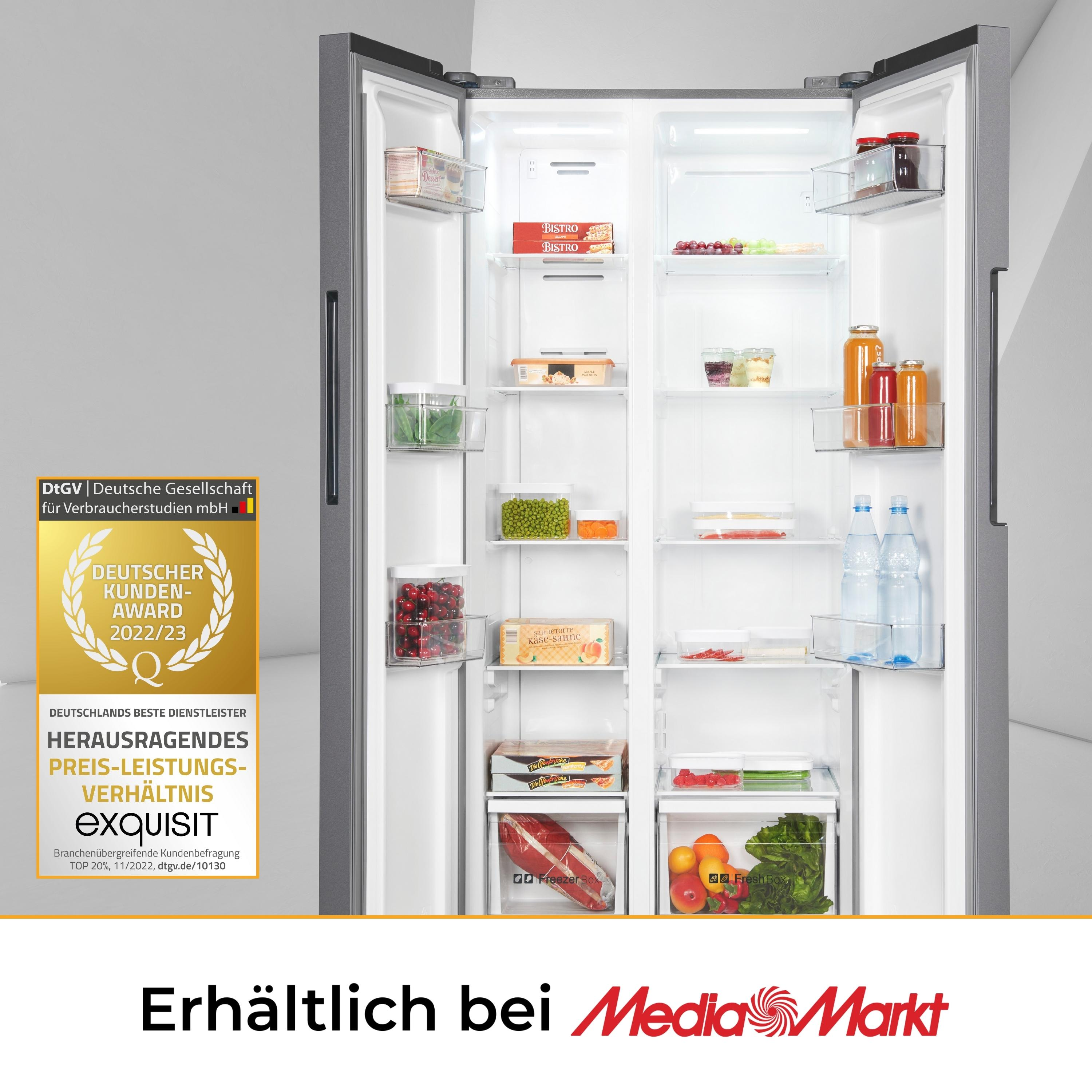 Ein Kühlschrank mit Lebensmitteln und einem deutschen Kundenpreis.