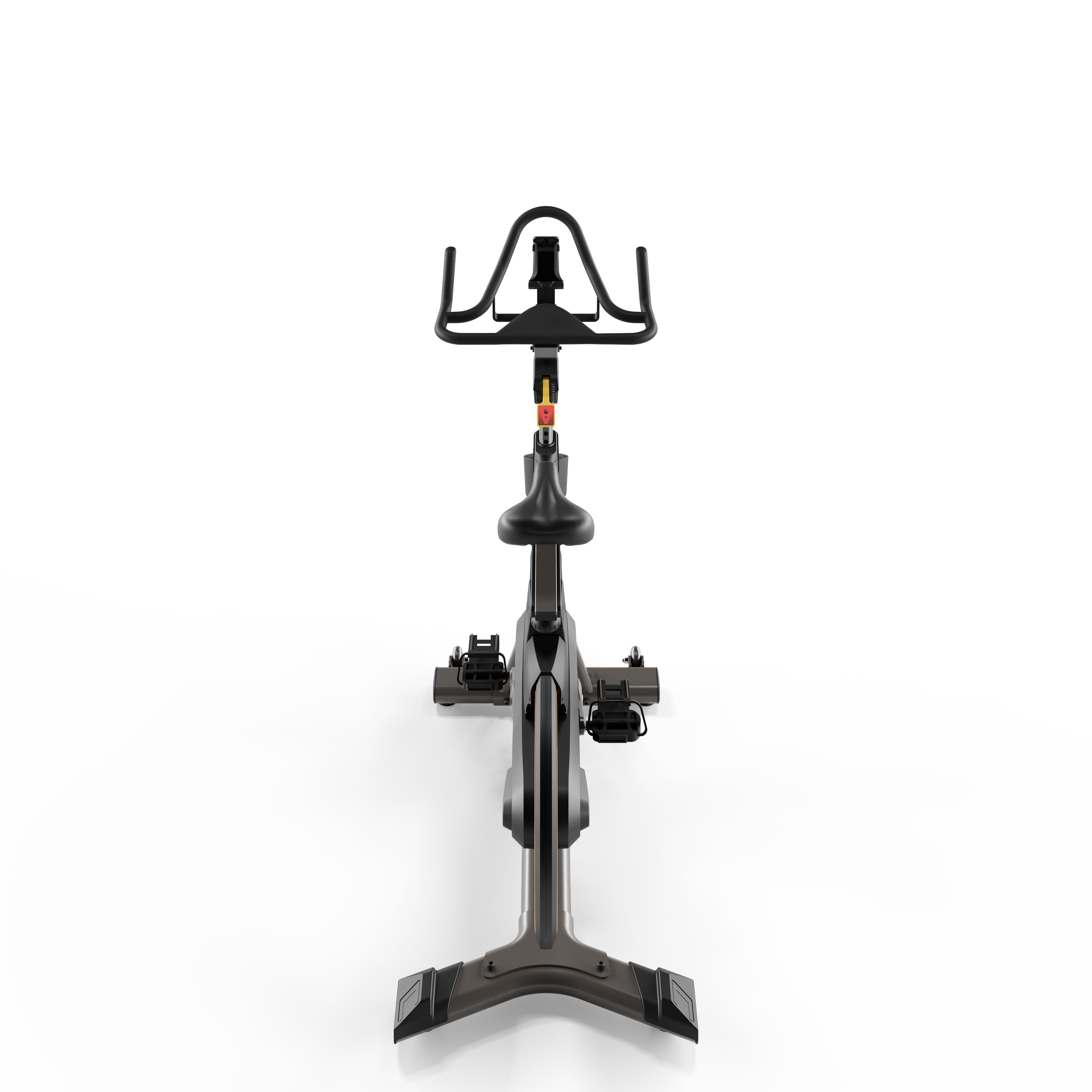 Stationaire hometrainer op witte achtergrond. Zwart frame met zwart zadel en stuur.