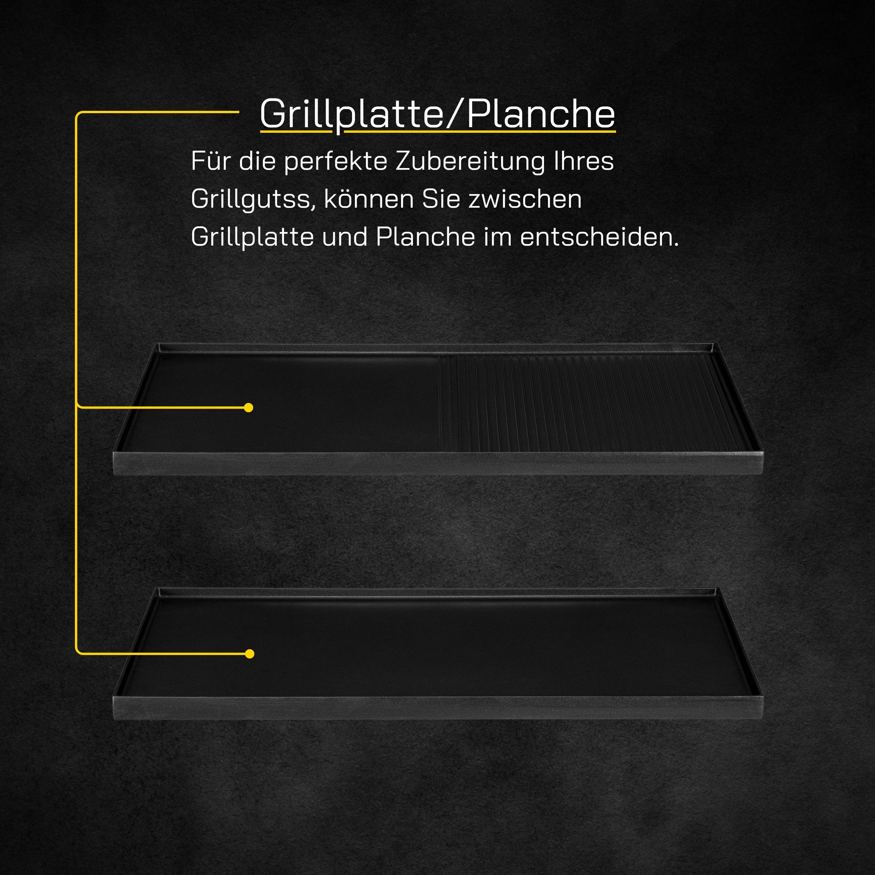 Zwei schwarze Grillplatten mit Beschreibung. Eine Platte hat Grilllinien, die andere ist flach.