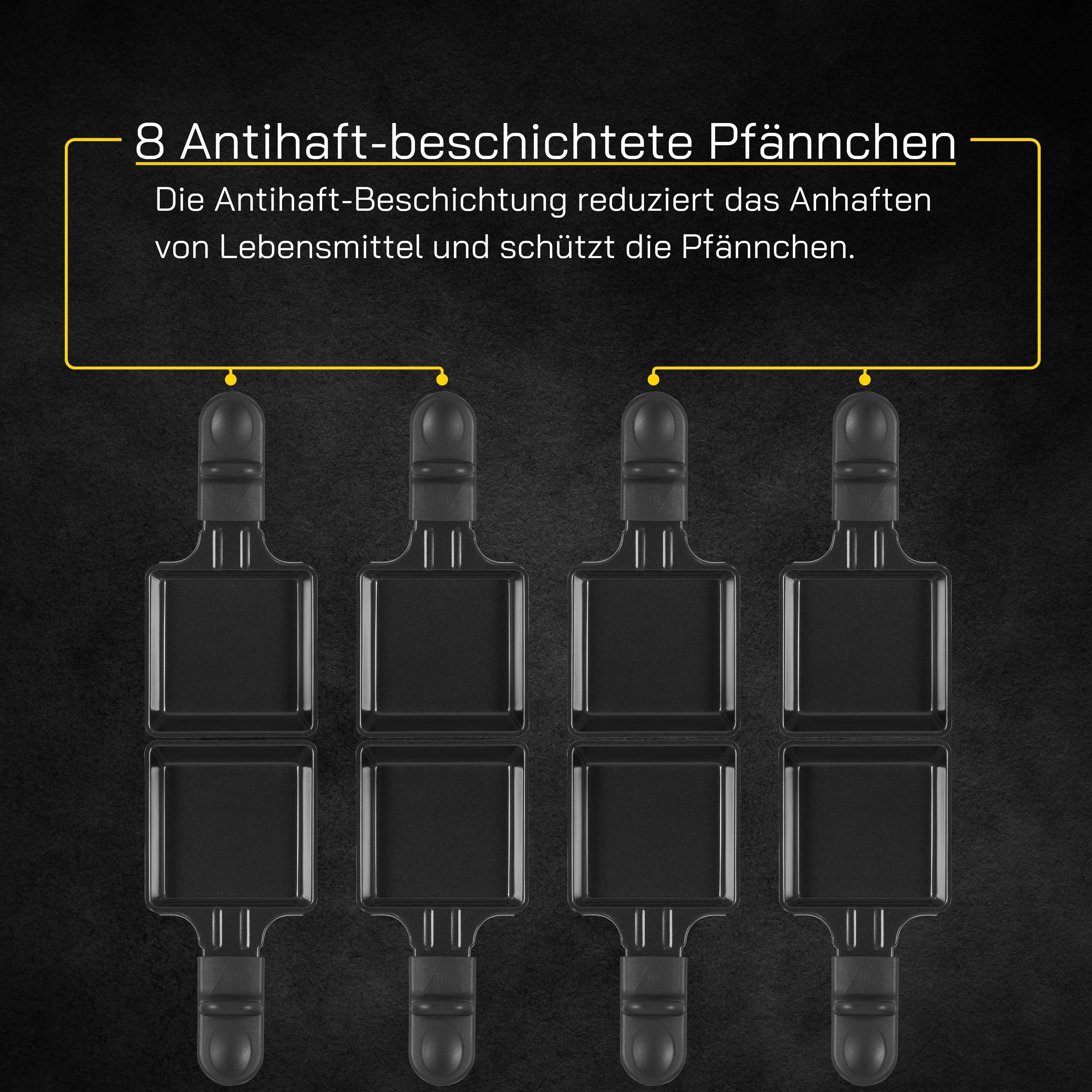 Acht schwarze Antihaft-Pfännchen in dunkler Umgebung mit Text über die Antihaftbeschichtung.