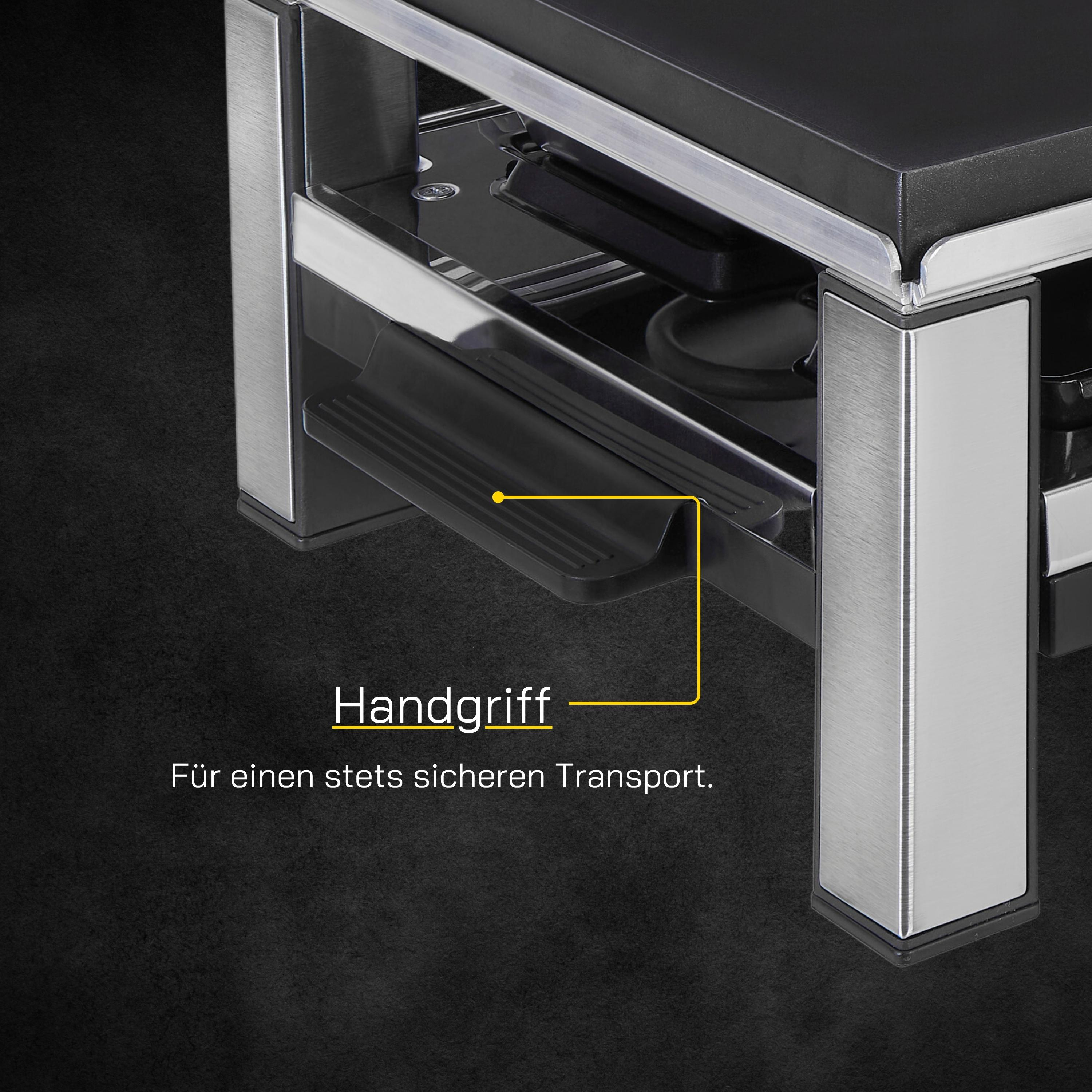 Nahaufnahme eines schwarz-silbernen Geräts mit Griff. Text: Handgriff, Für sicheren Transport.