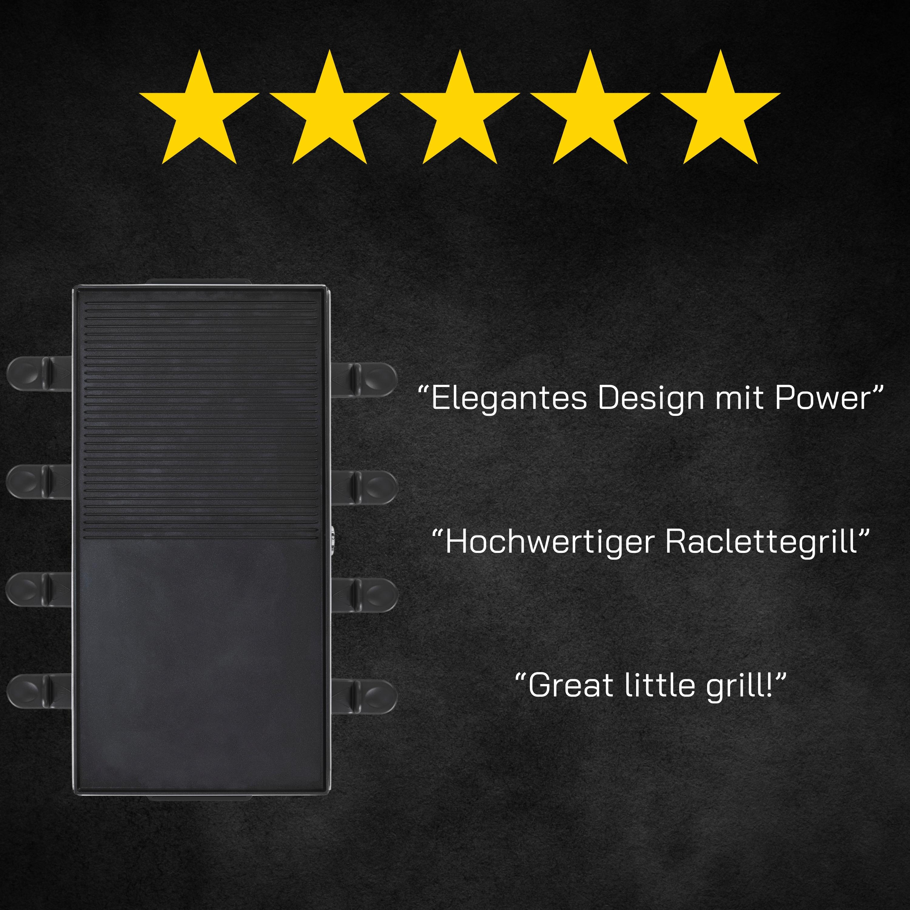 Schwarzer Grill mit Text, goldenen Sternen und Kundenbewertungen auf schwarzem Hintergrund.