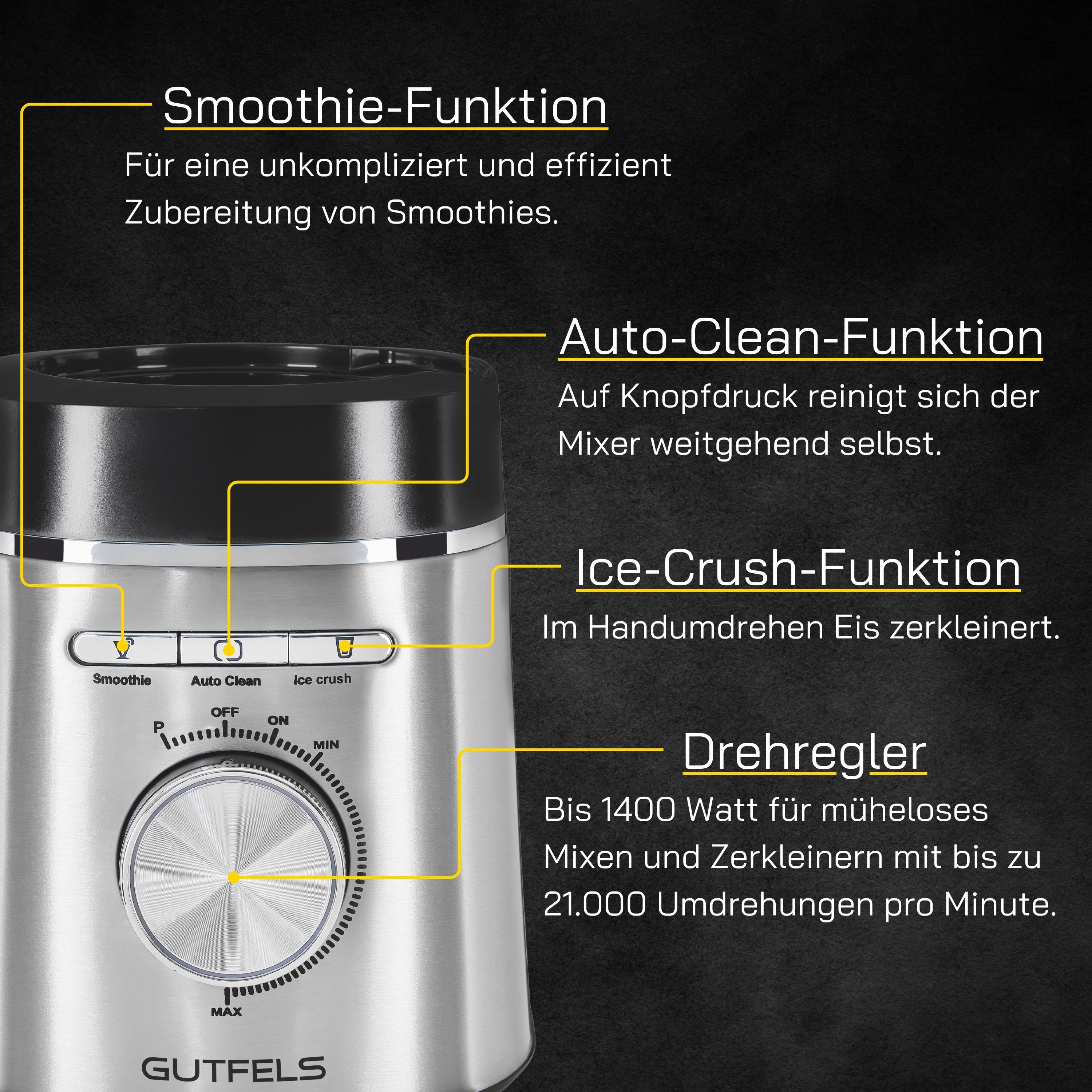 Mixer mit Bedienfeld, zeigt Smoothie-, Auto-Clean- und Ice-Crush-Funktionen. Silber-Finish.