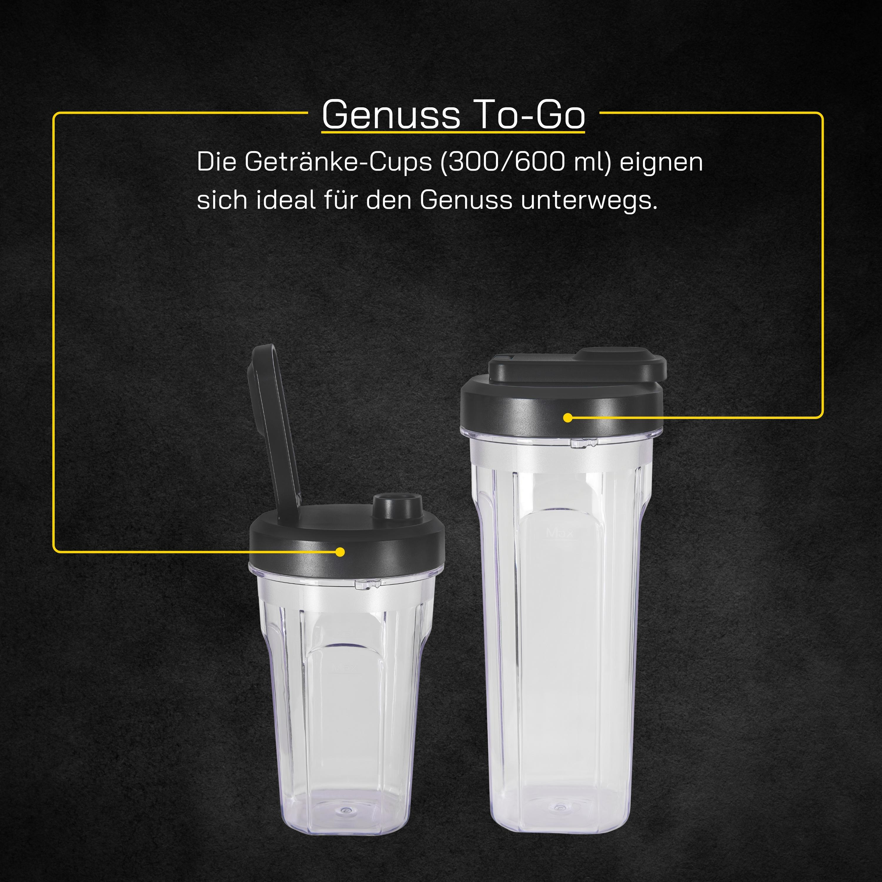 Zwei transparente Trinkbecher mit schwarzen Deckeln. Text oben weist auf 'Genuss To-Go' hin.