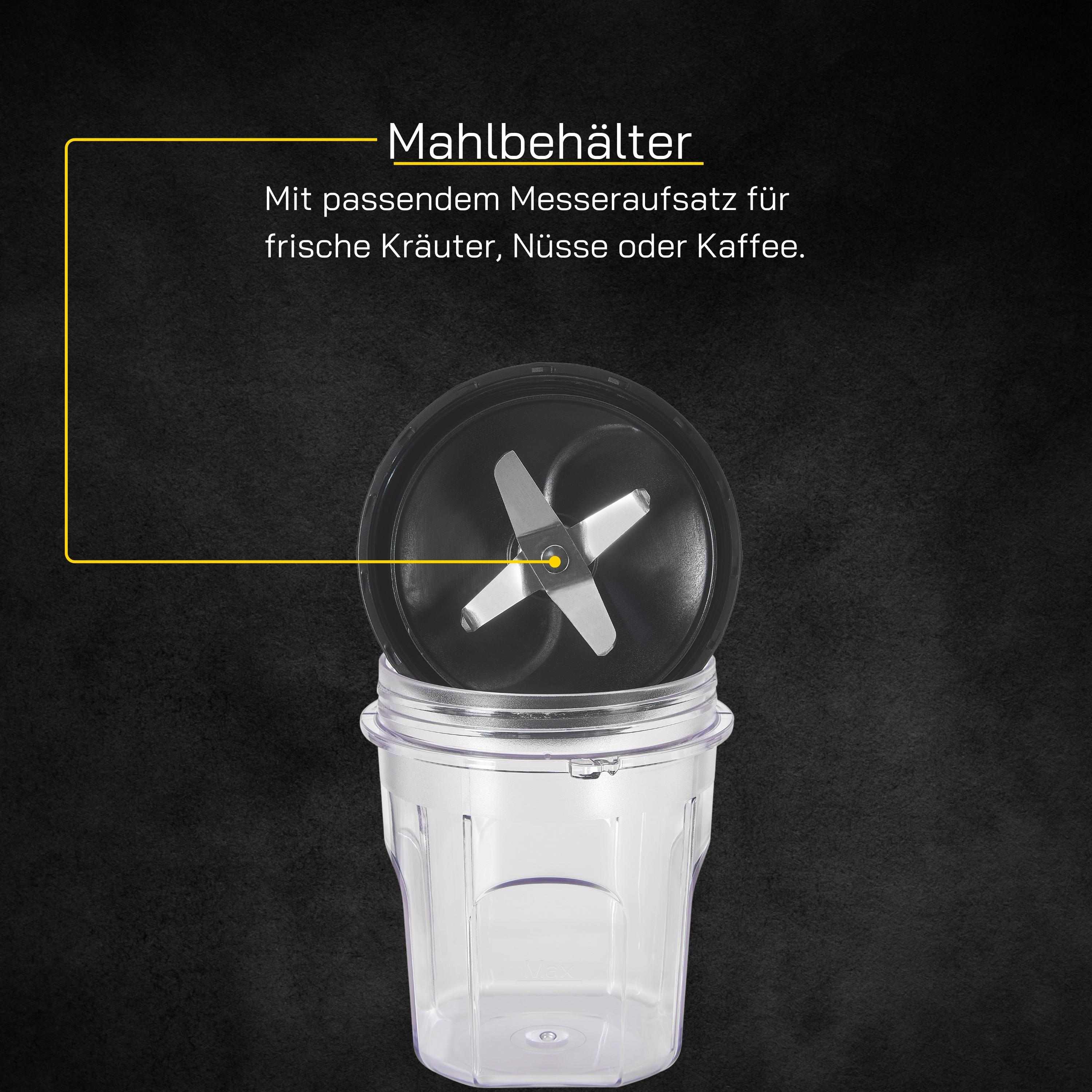 Nahaufnahme eines Mixeraufsatzes mit Klingen und einem transparenten Behälter auf dunklem Hintergrund.