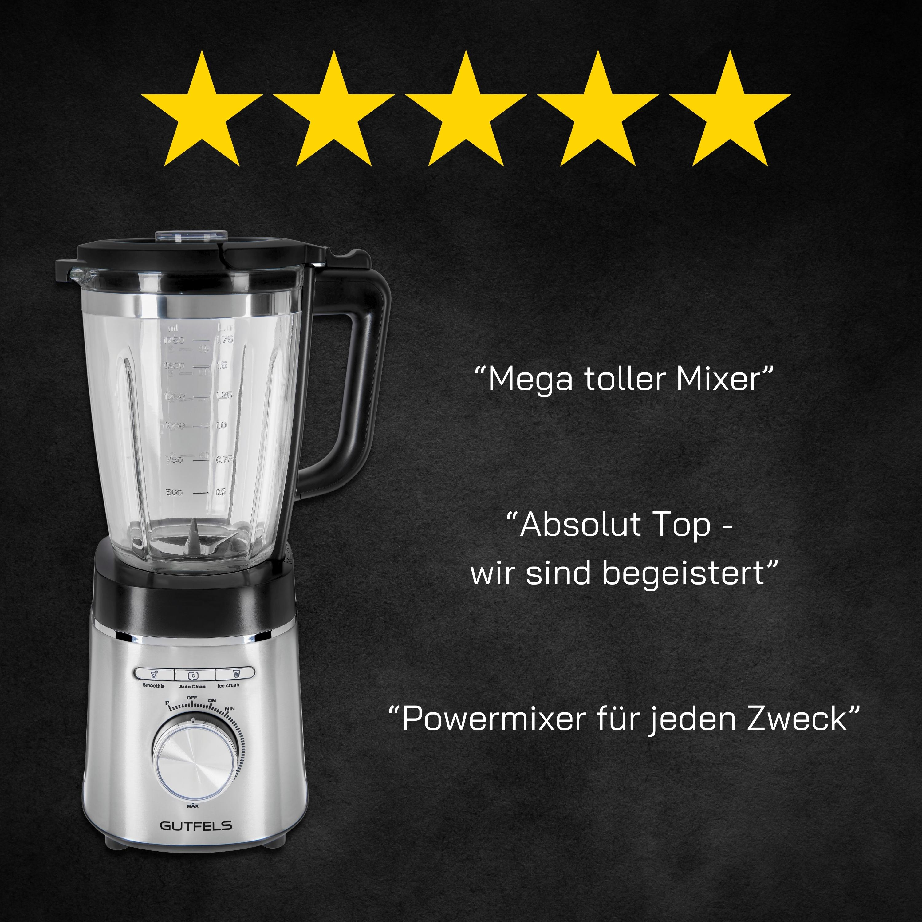 Ein Mixer mit schwarzem Sockel, einem Glasbehälter und Sternebewertungen neben Zitaten.