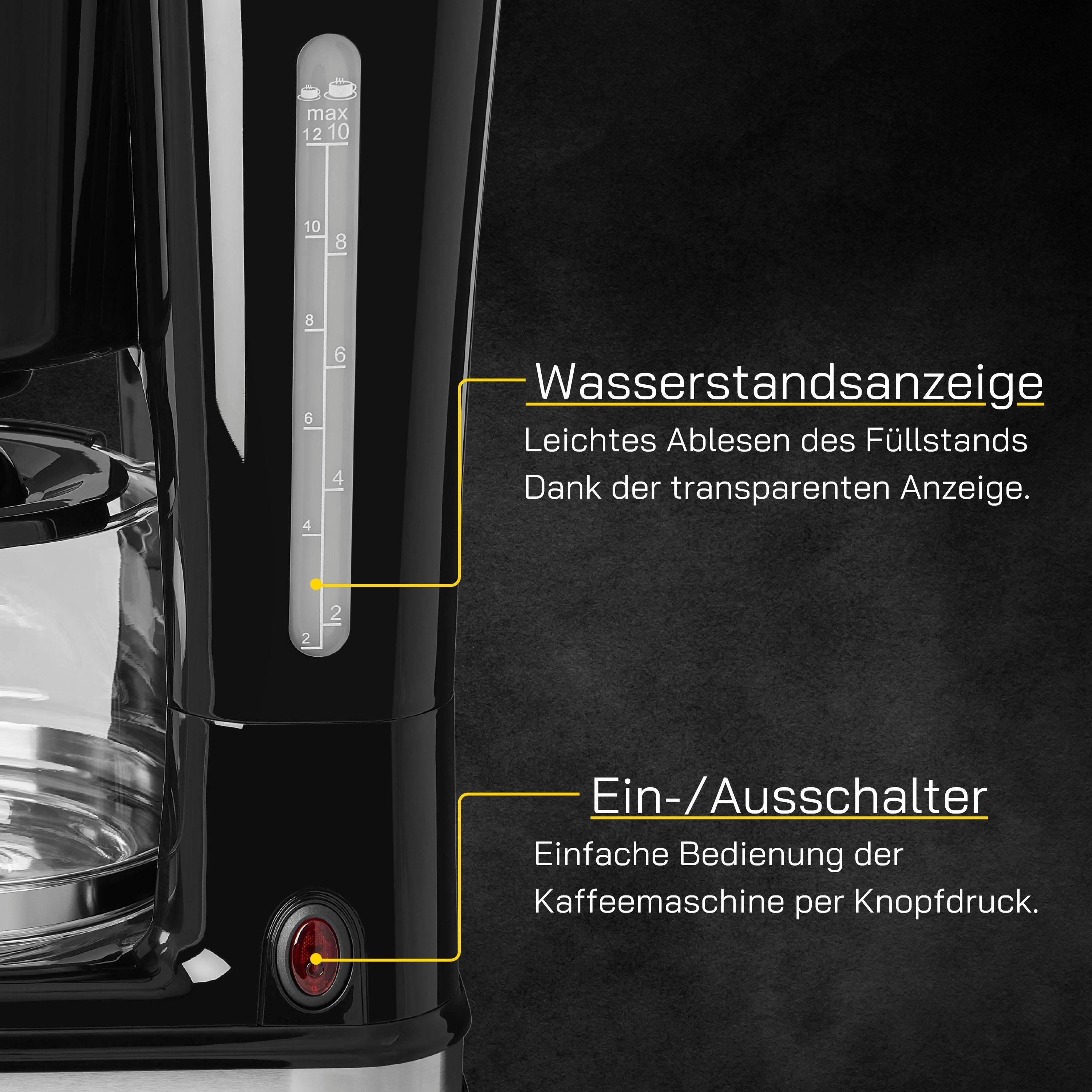 Schwarze Kaffeemaschine mit Wasserstandsanzeige und Schalter. Text auf Deutsch beschreibt es.