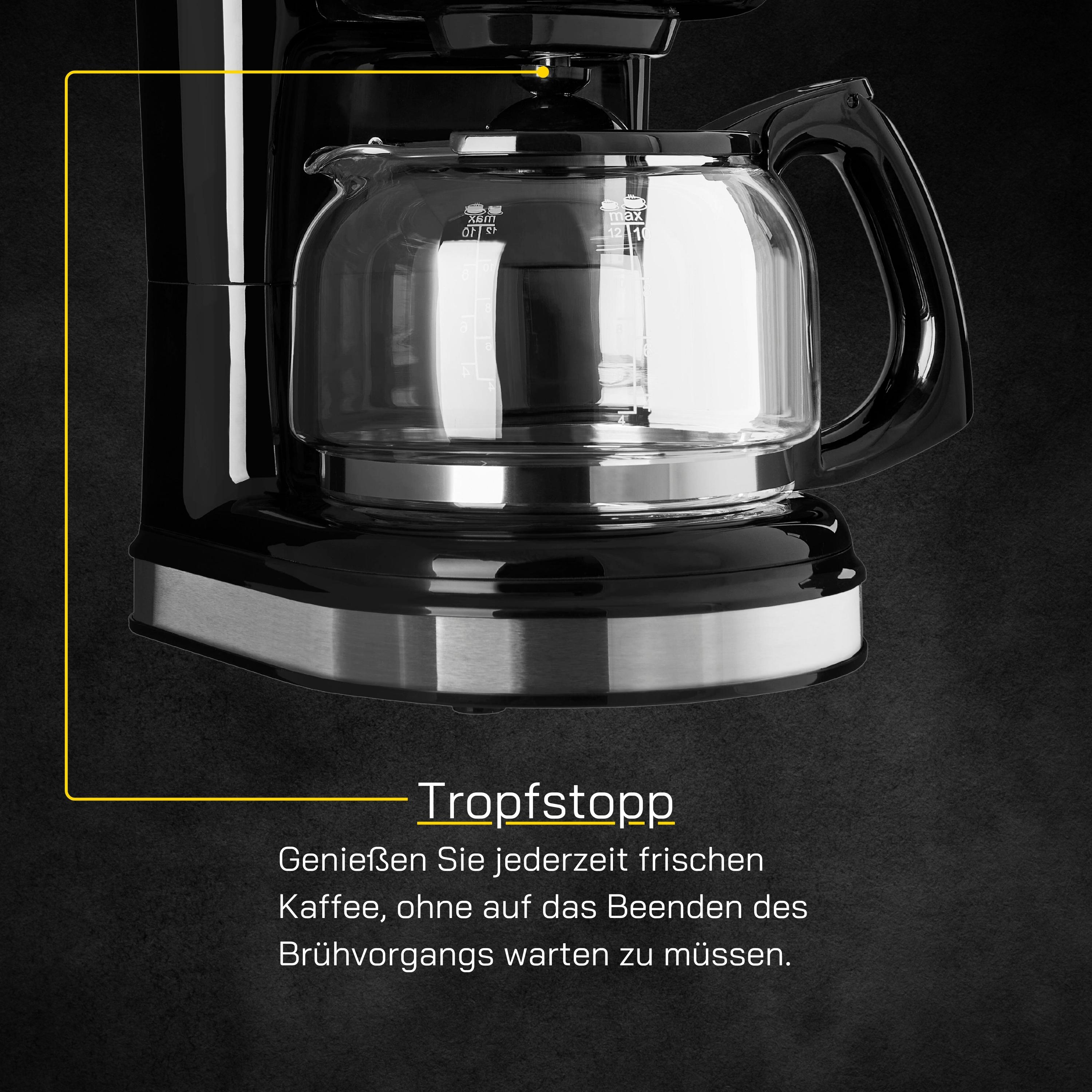 Schwarze Kaffeemaschine mit Glaskaraffe, mit Text: 
