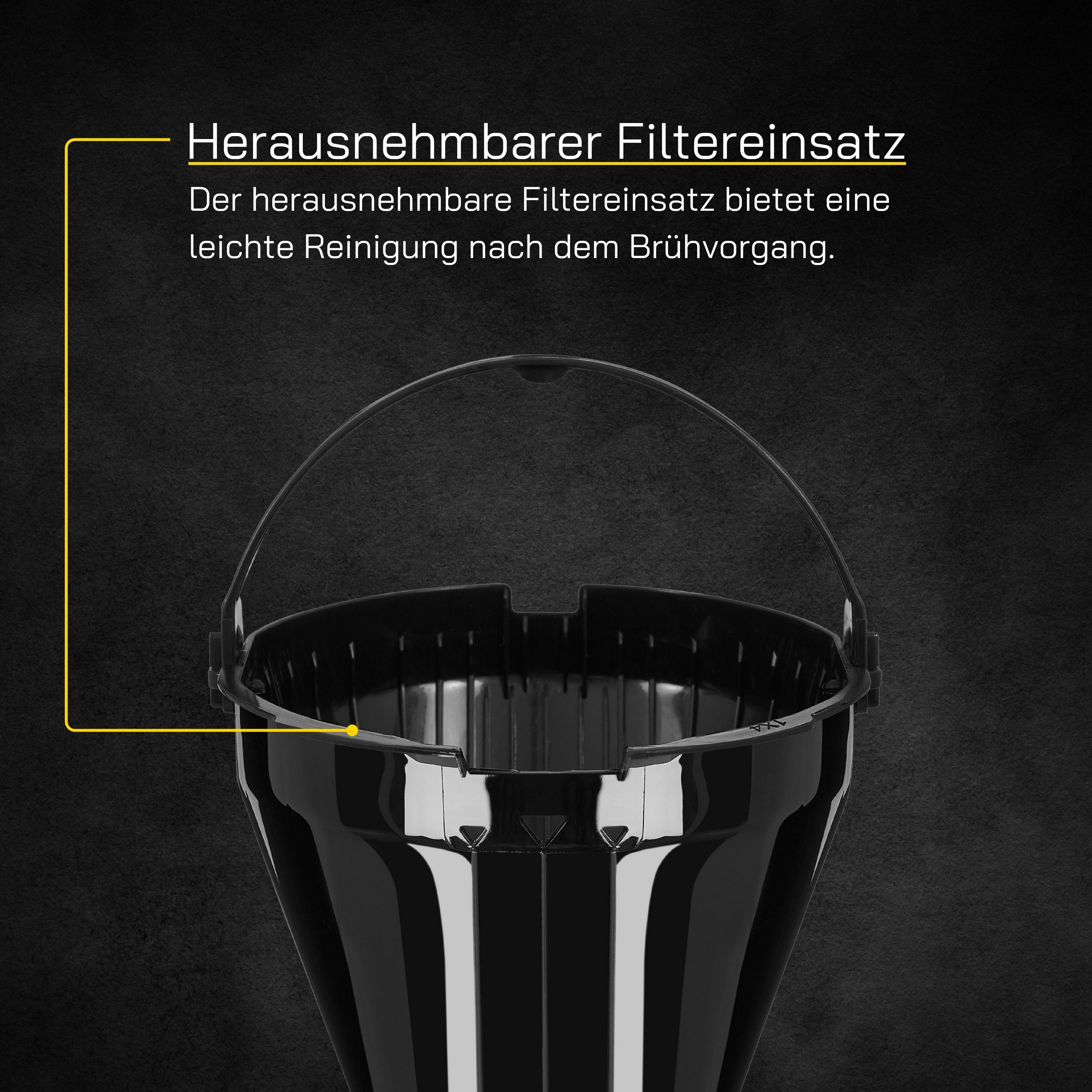 Schwarzer Kaffeefilterhalter mit Griff und Text auf schwarzem Hintergrund.
