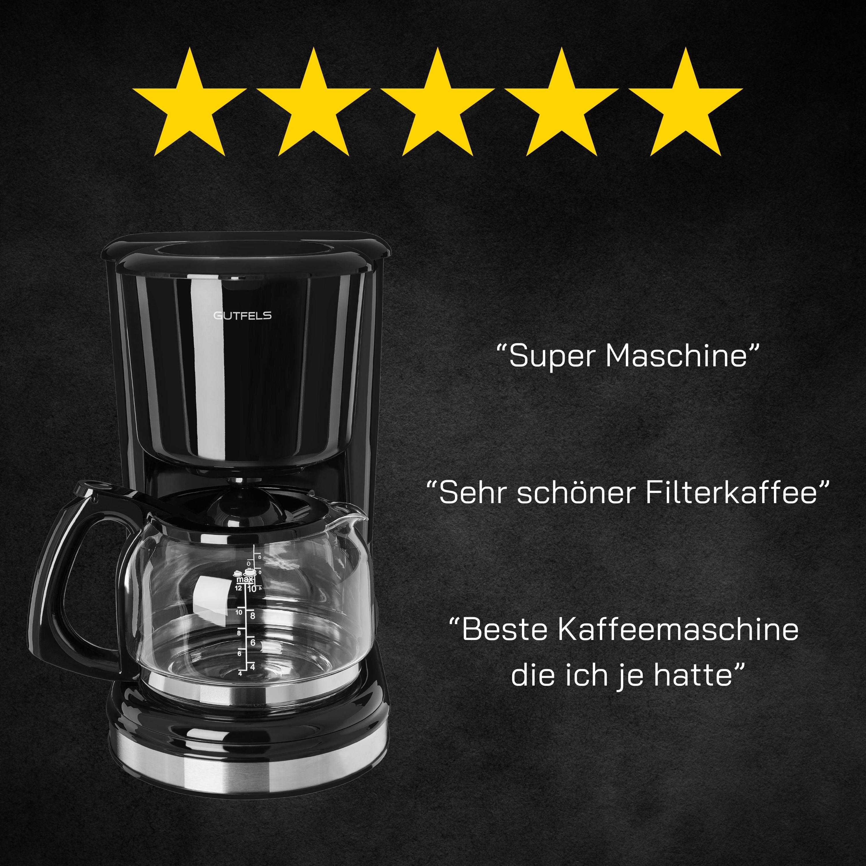 Schwarze GutFels Kaffeemaschine mit Glaskaraffe und Kundenbewertungen.