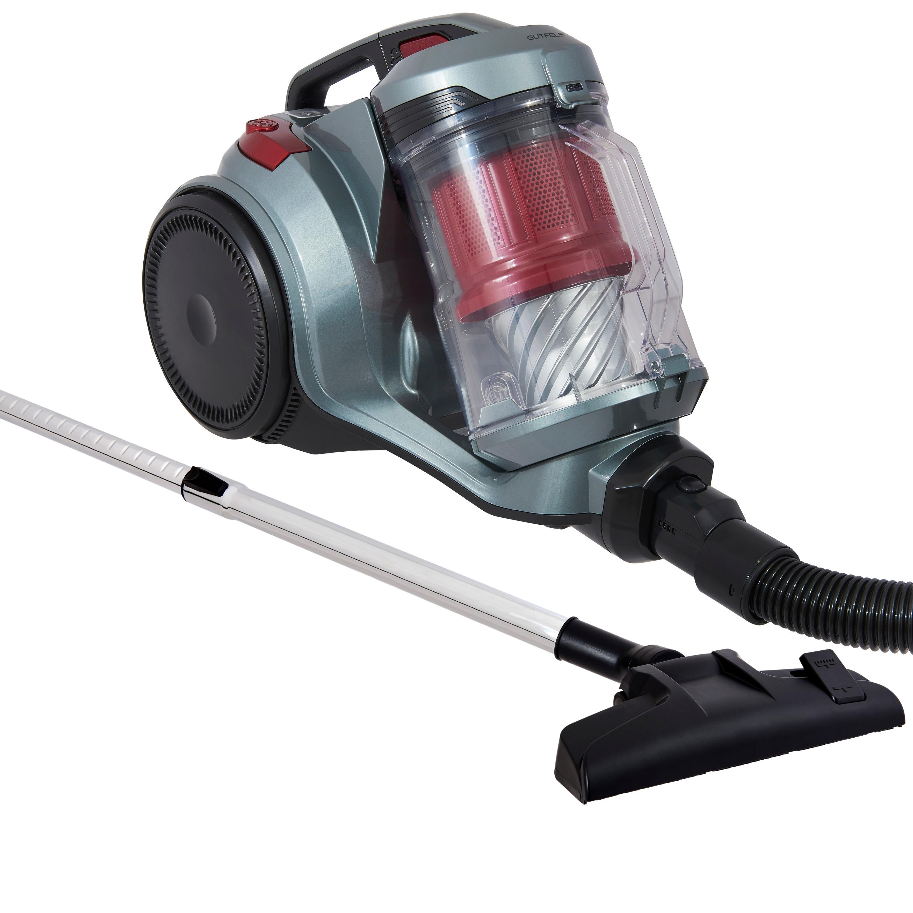 Staubsauger in Grau und Rot mit transparentem Staubbehälter, mit Bürste und Schlauch.