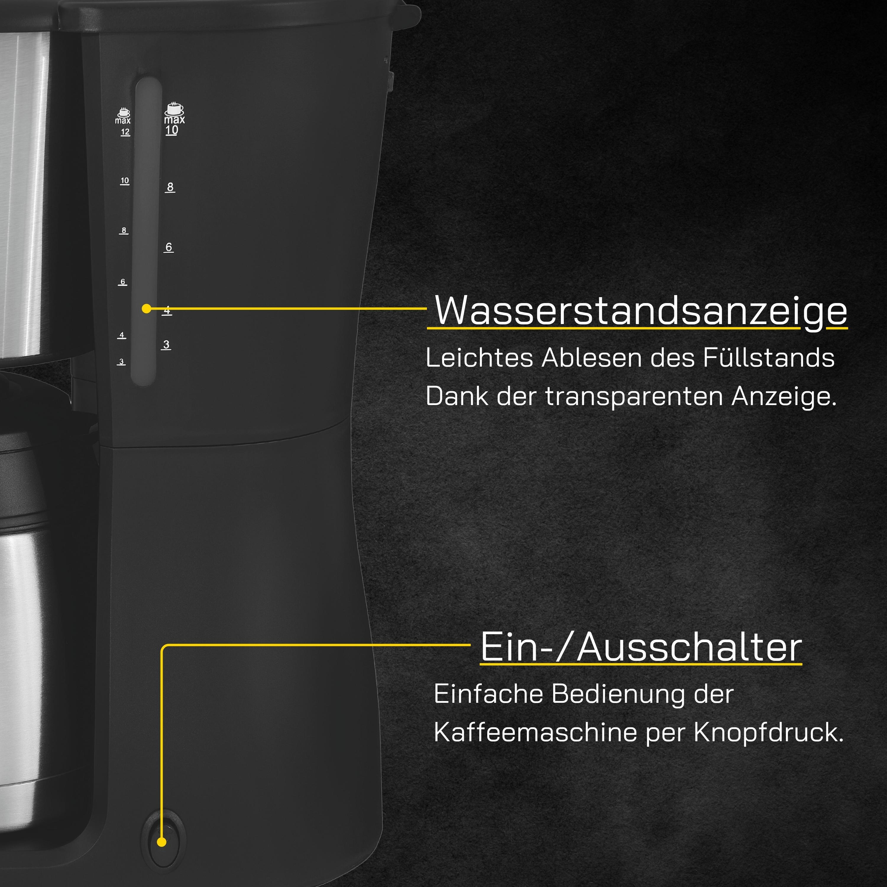 Schwarze Kaffeemaschine mit Wasserstandsanzeige. Der Text 'Wasserstandsanzeige' ist sichtbar.