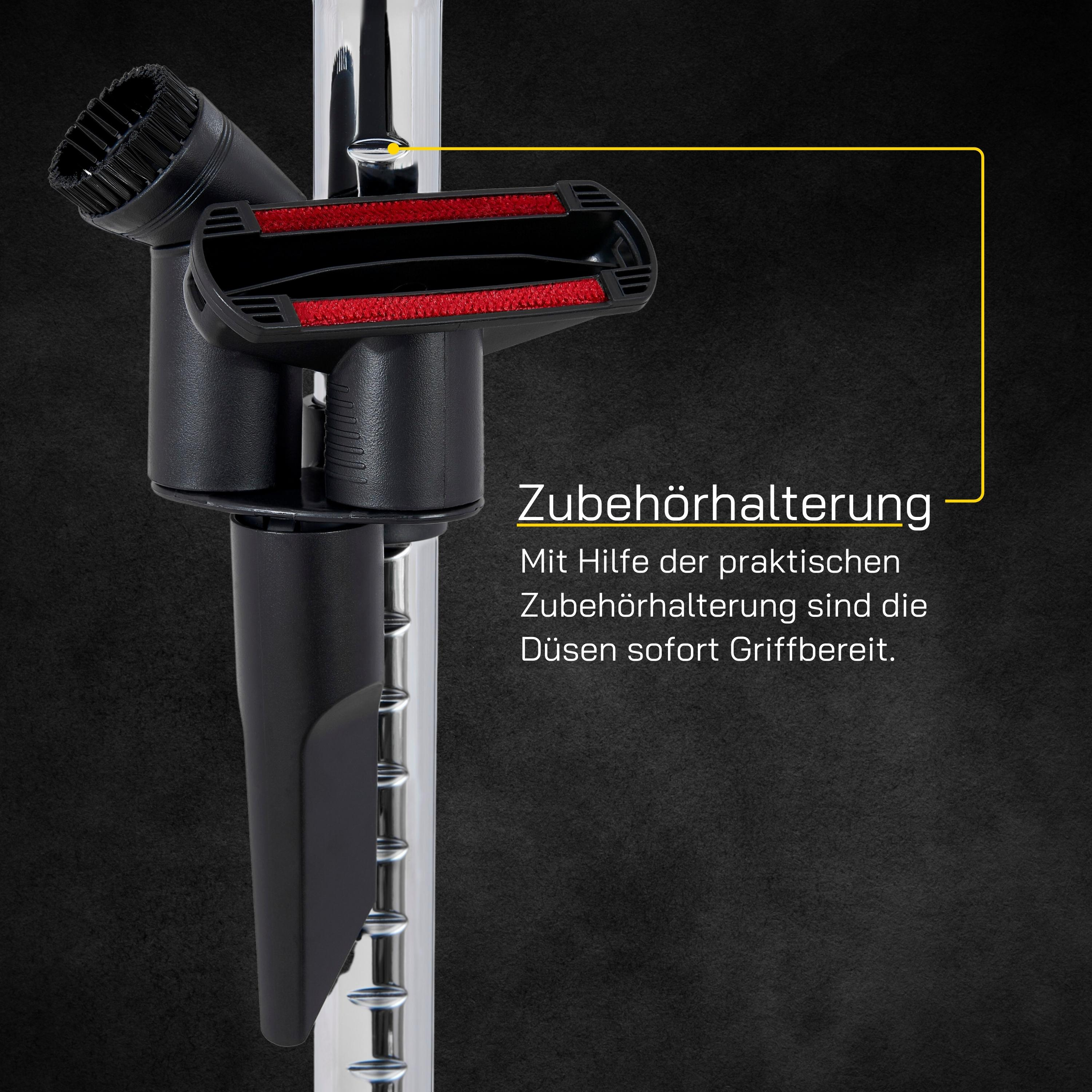 Staubsaugeraufsätze auf dunklem Hintergrund. Text: Zubehörhalterung (Zubehörhalterung)