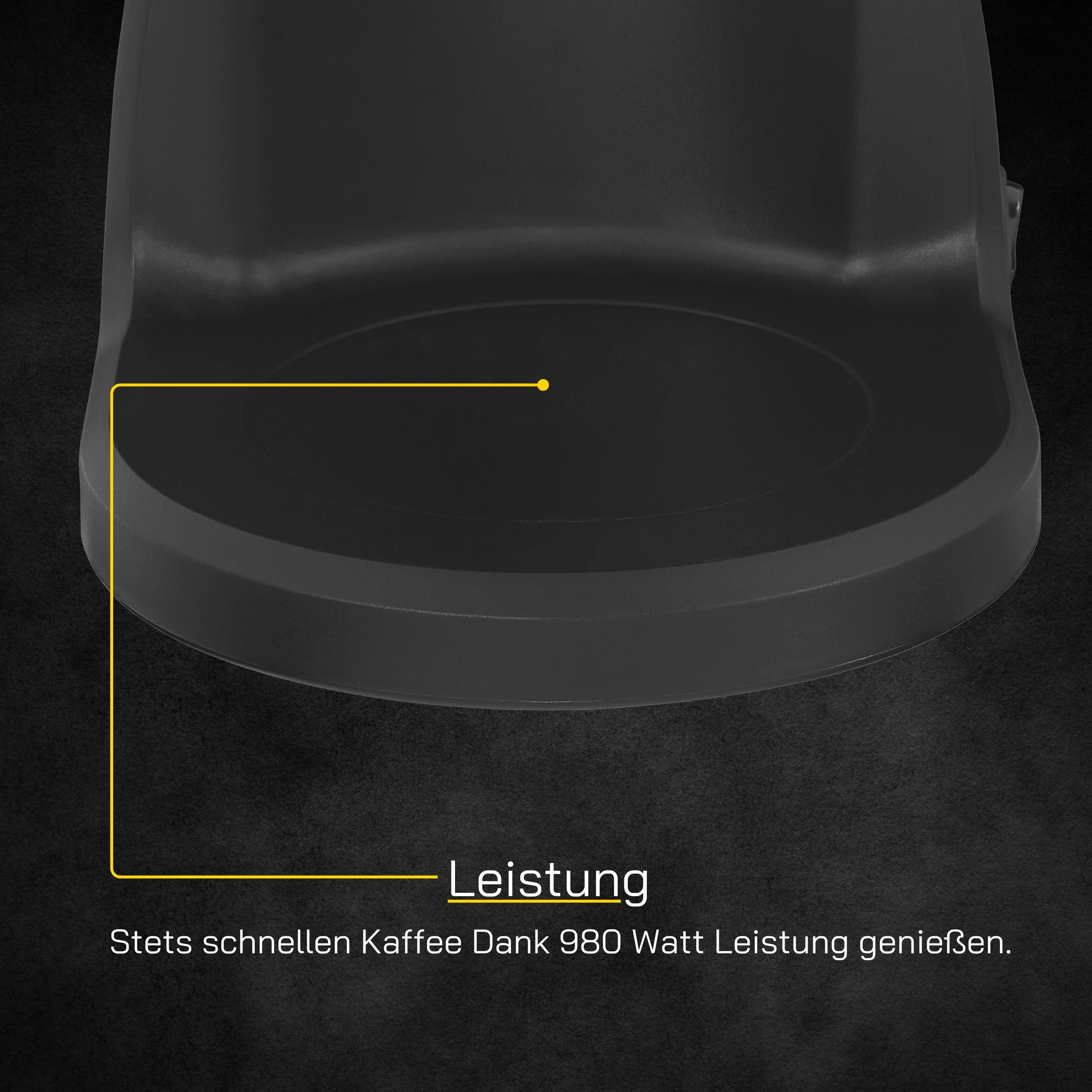 Schwarze Kaffeemaschinenbasis mit runder, flacher Tropfschale. Eine gelbe Linie zeigt auf die Schale.