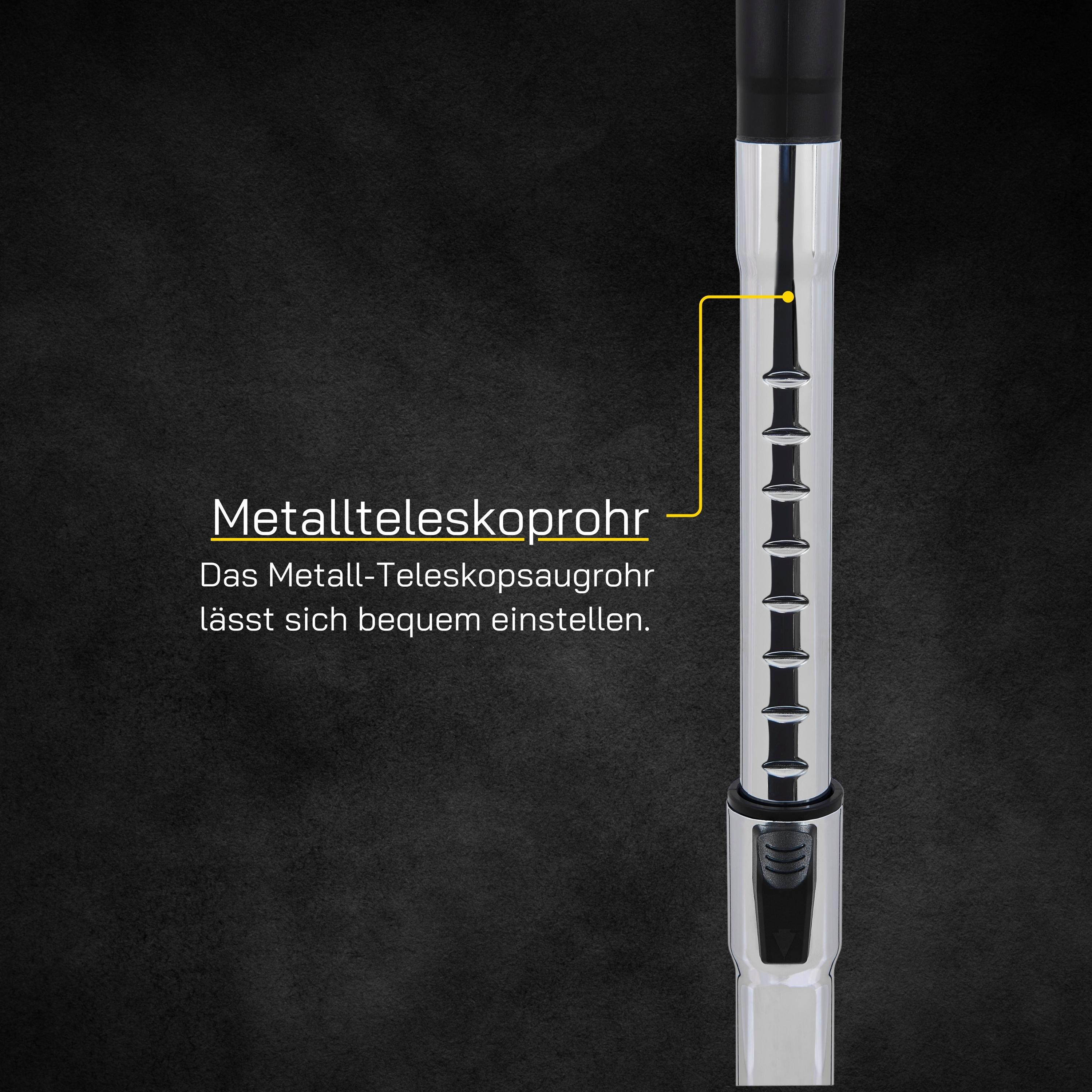 Nahaufnahme eines metallischen, ausziehbaren Staubsaugerrohrs mit Text und Anmerkungen.