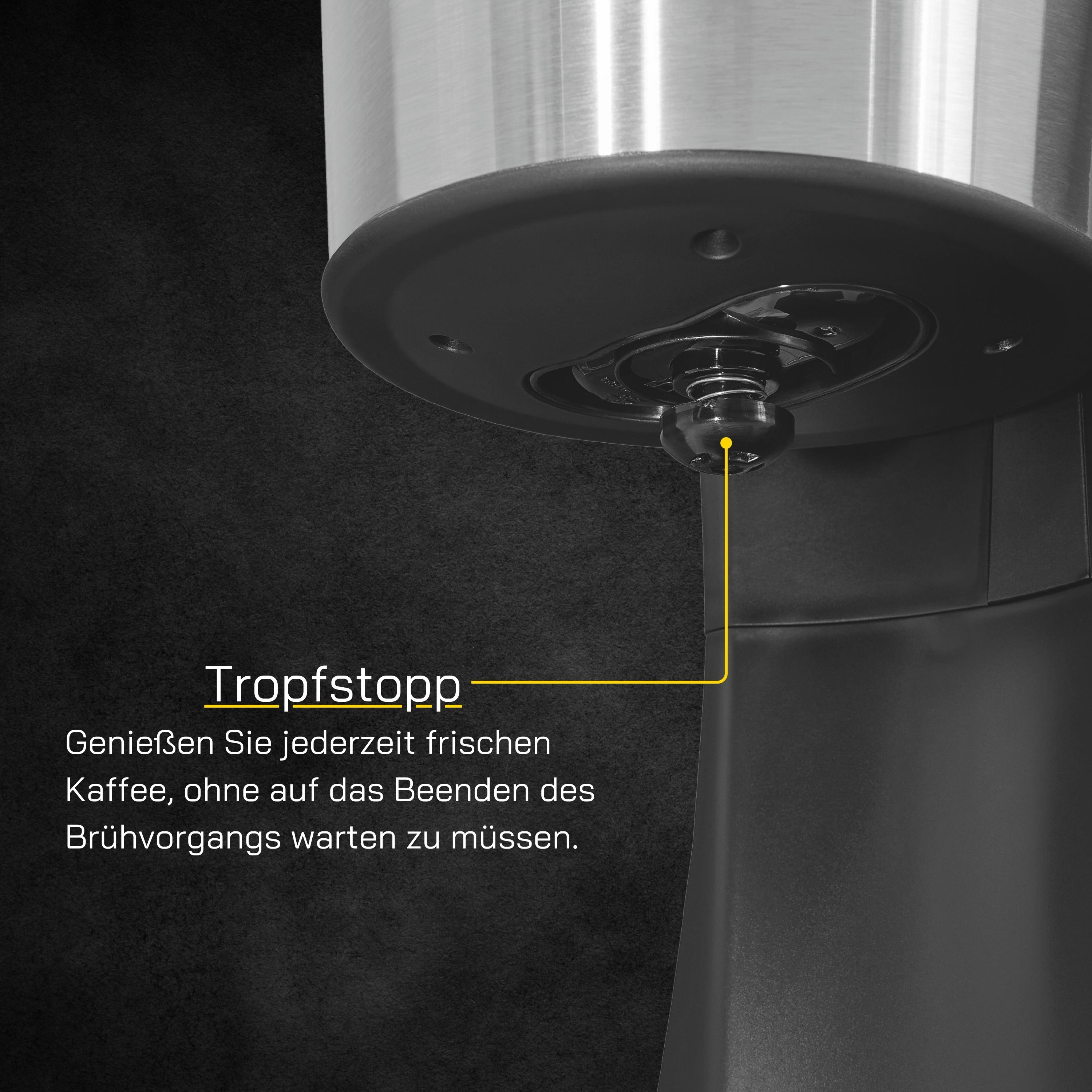 Nahaufnahme des Tropfstopps einer Kaffeemaschine, schwarz und silber, mit gelbem Pfeil.