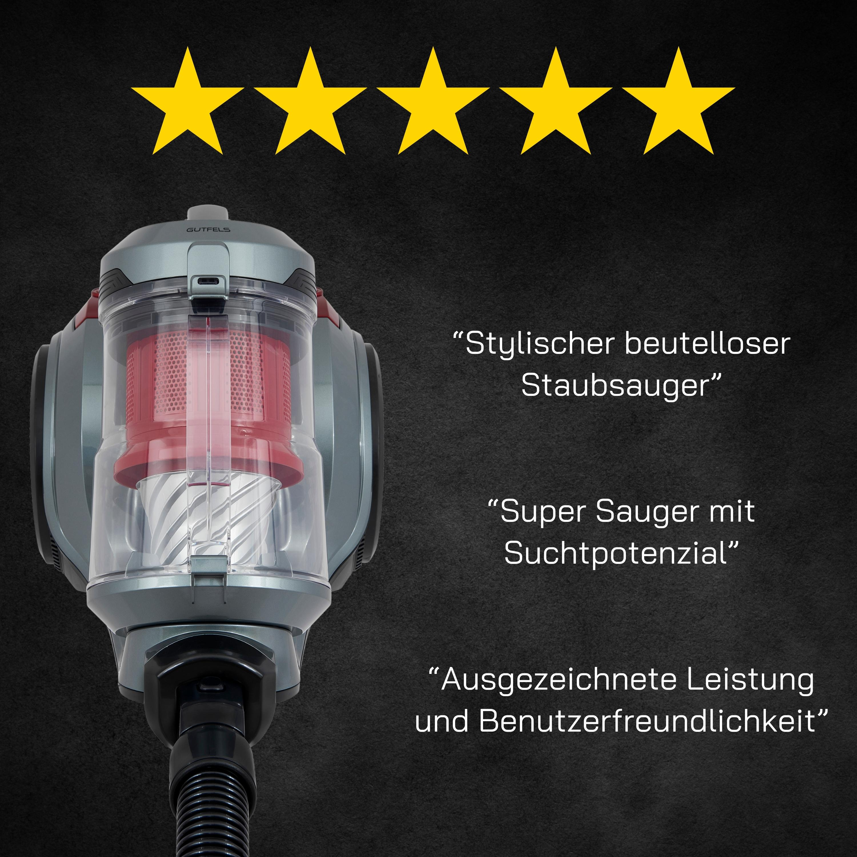 Staubsauger mit Texten und Sternen. Staubsauger ist grau und rot.